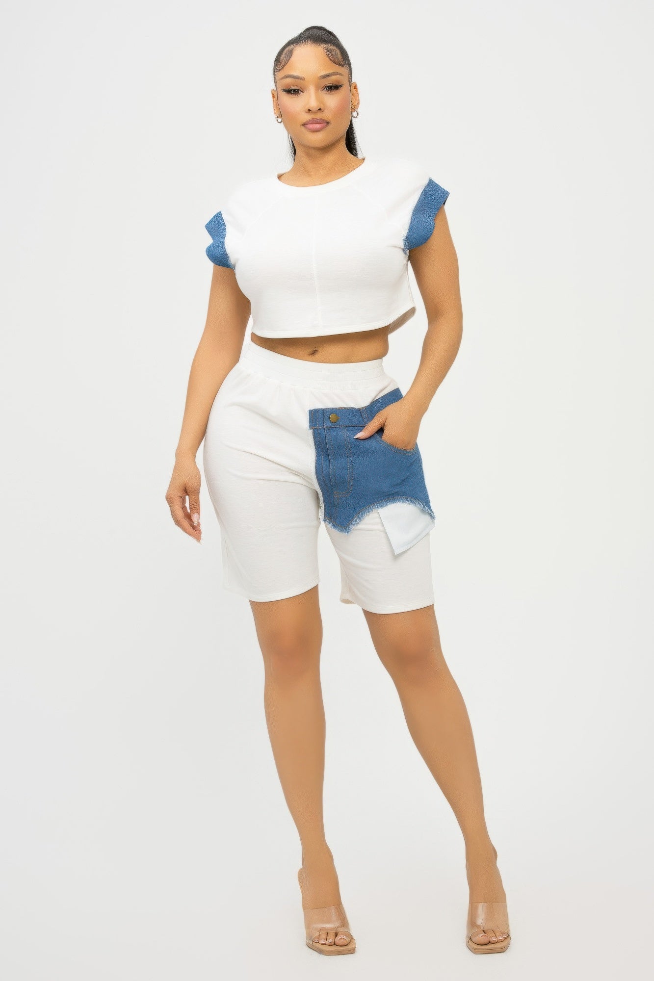 Two-Tone Denim Sleeve Top and Shorts Set Secondary image