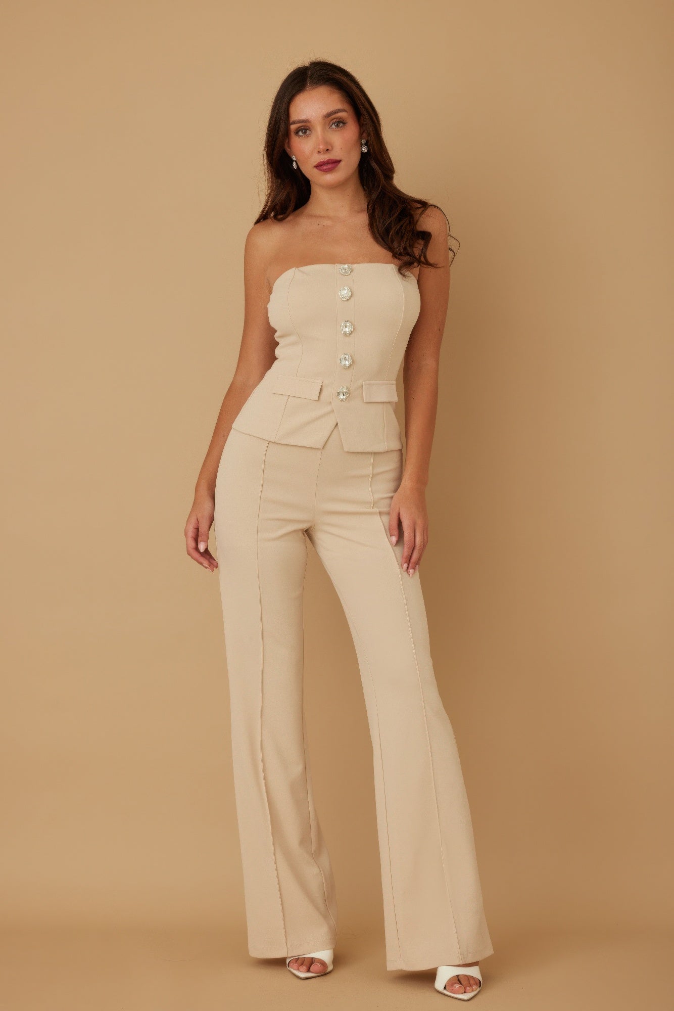 Beige Strapless Crystal Button Two-Piece Pants Set Secondary image