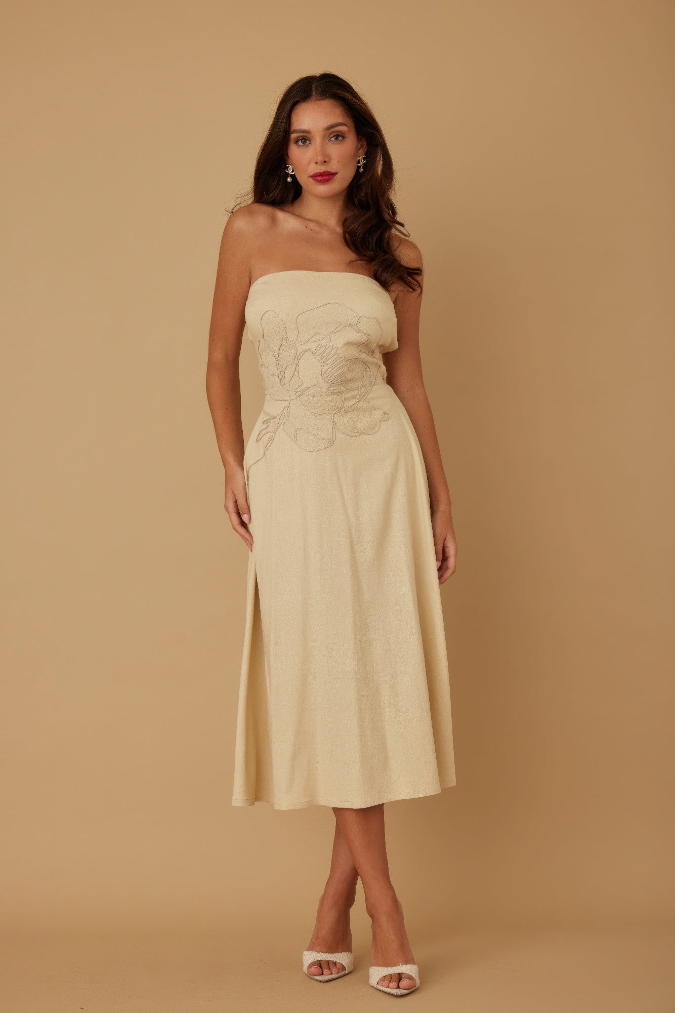 Floral Detail Strapless Linen-Look Midi Dress Secondary image