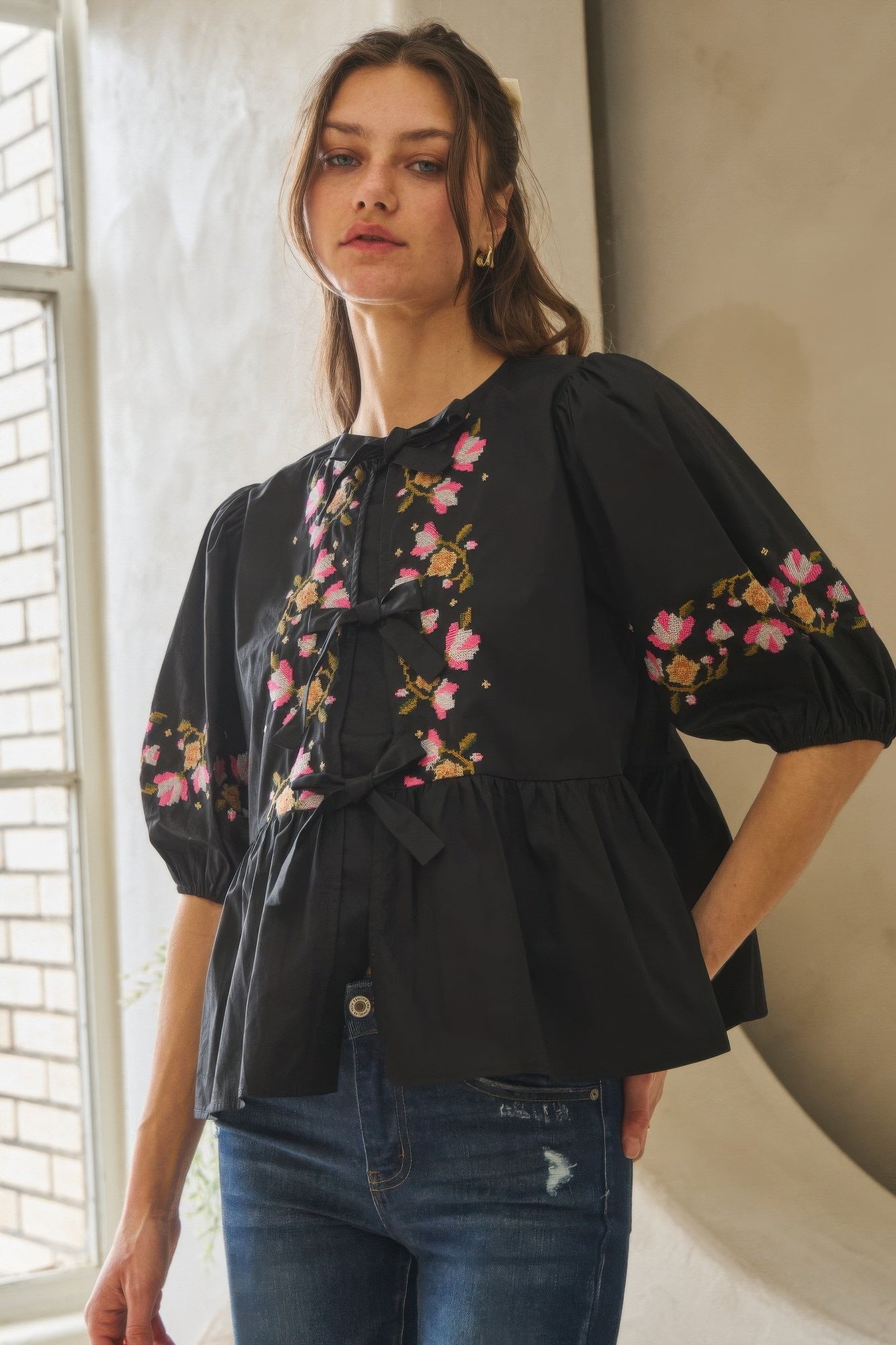 Black Embroidered Ribbon Tie Blouse Secondary image