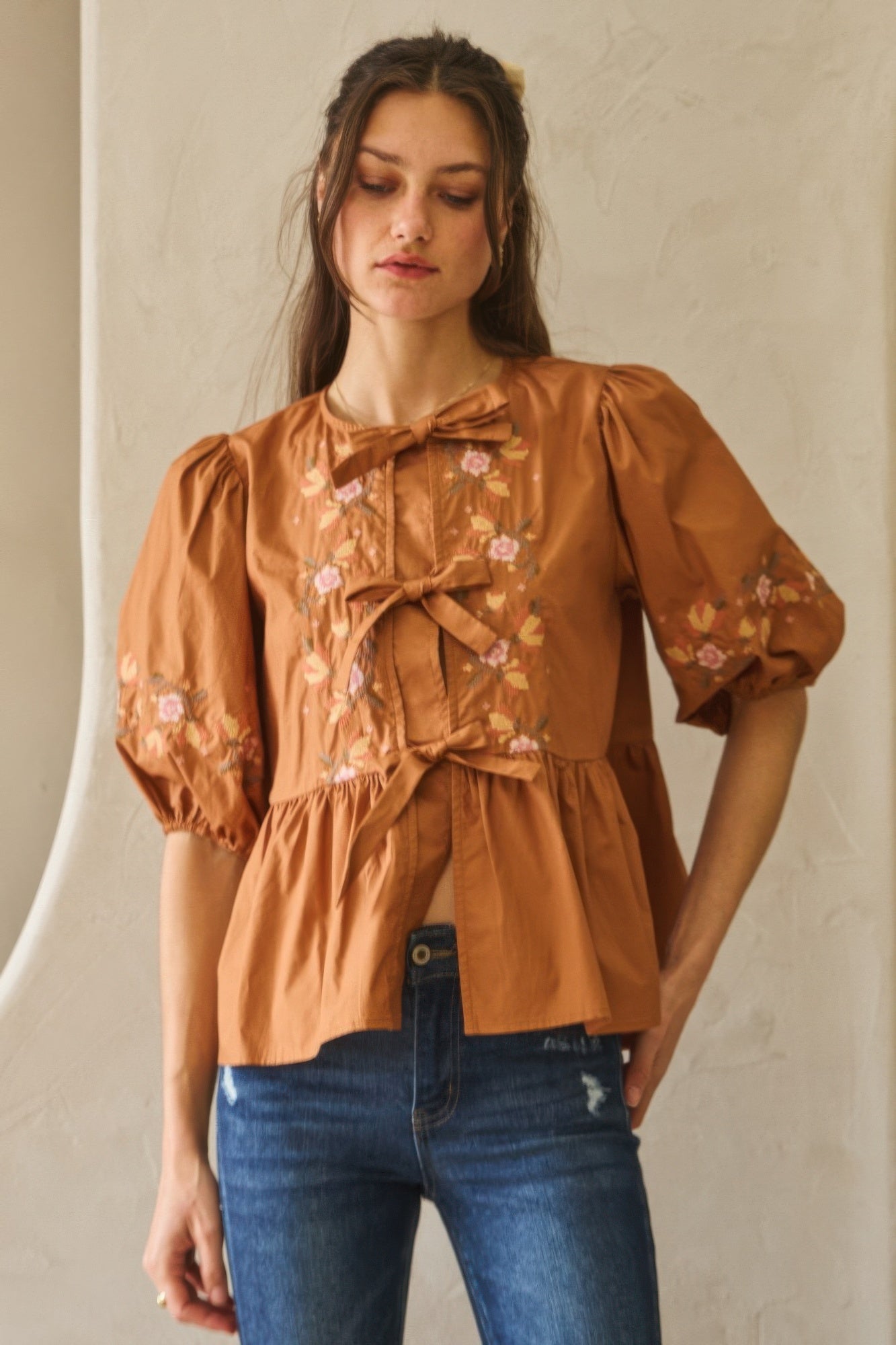 Embroidered Poplin Tie-Front Blouse Secondary image