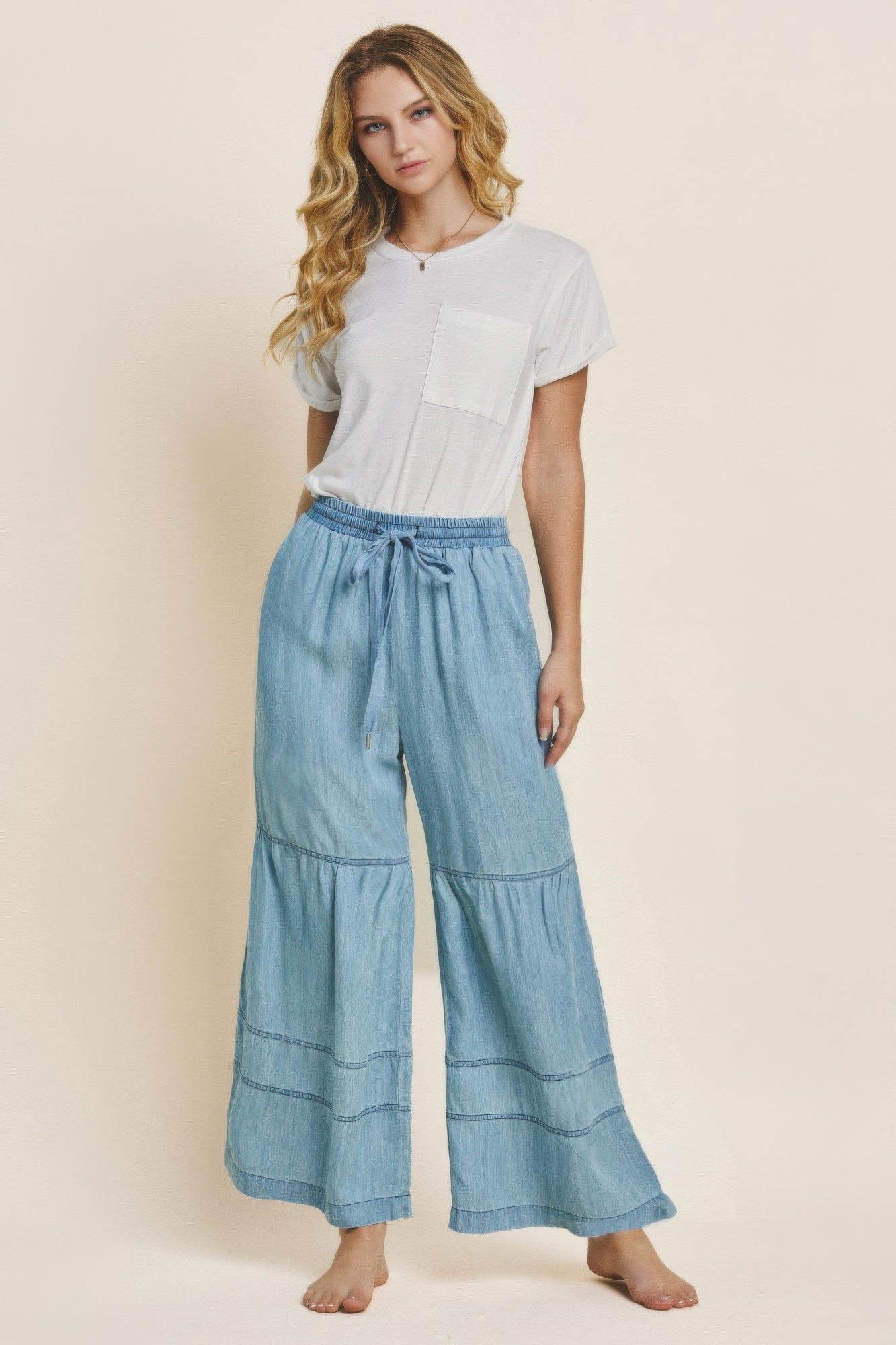 Tiered Washed Denim Drawstring Pants Secondary image