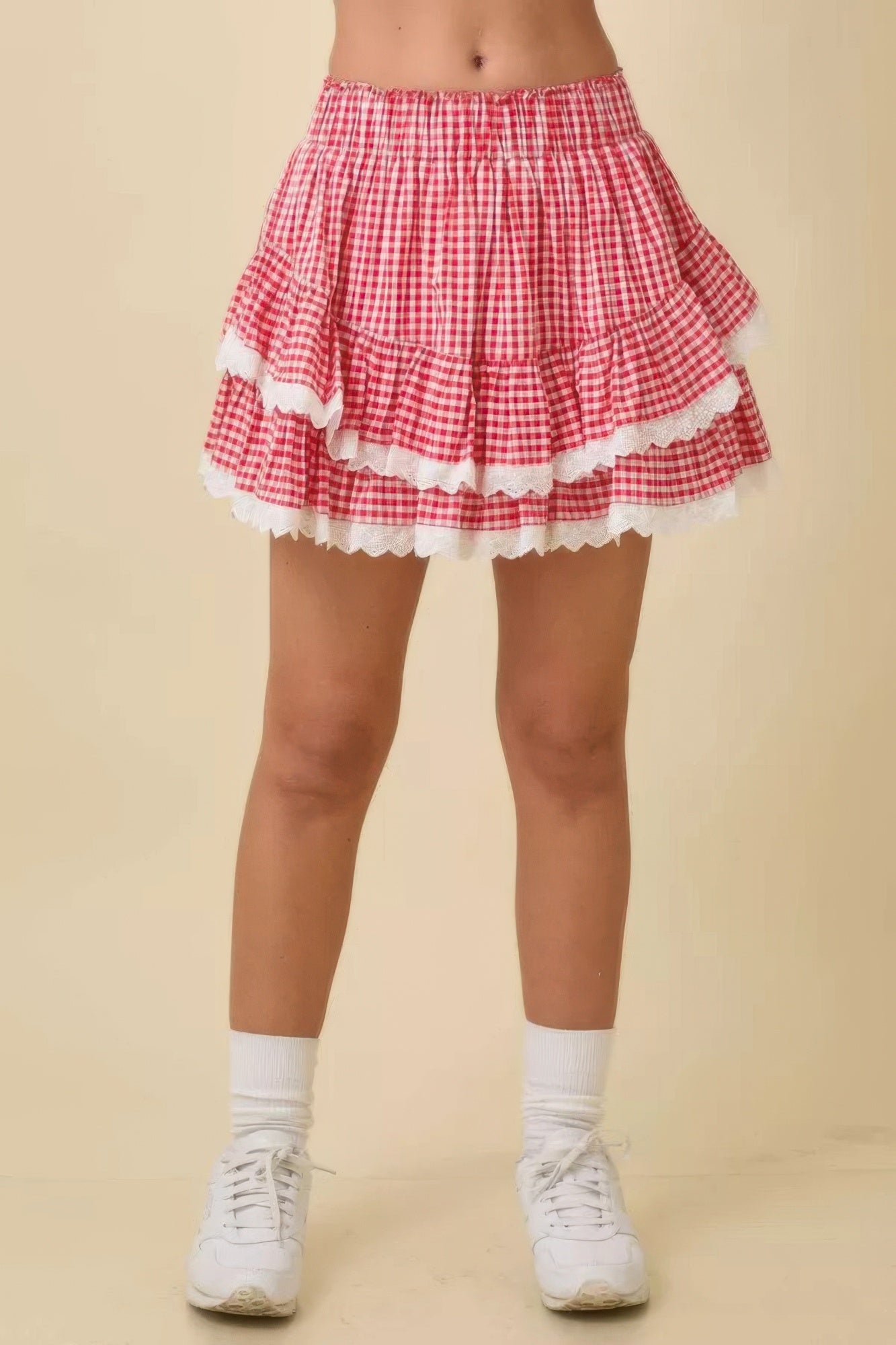 Red Gingham Layered Ruffle Skort With Eyelet Trim Secondary image