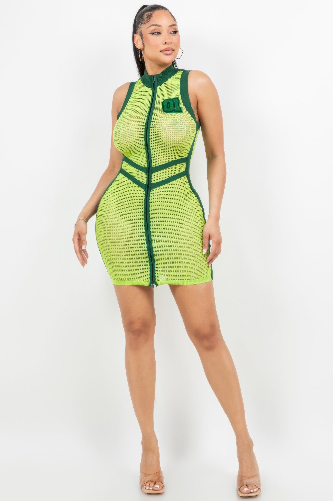 Green Net Mesh Mini Dress with Two-Way Zipper Secondary image