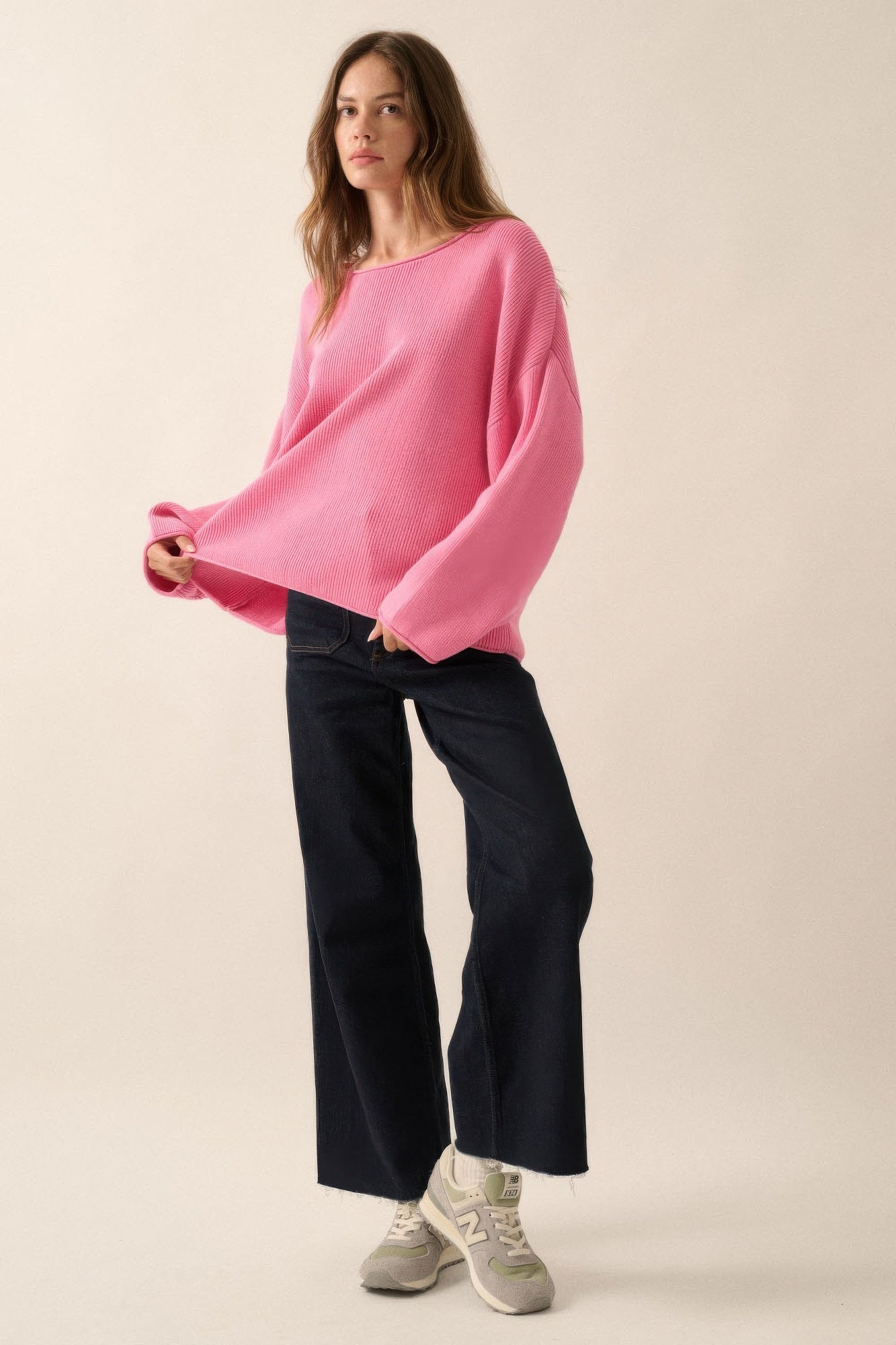 Pink Ribbed Oversized Boatneck Sweater Secondary image