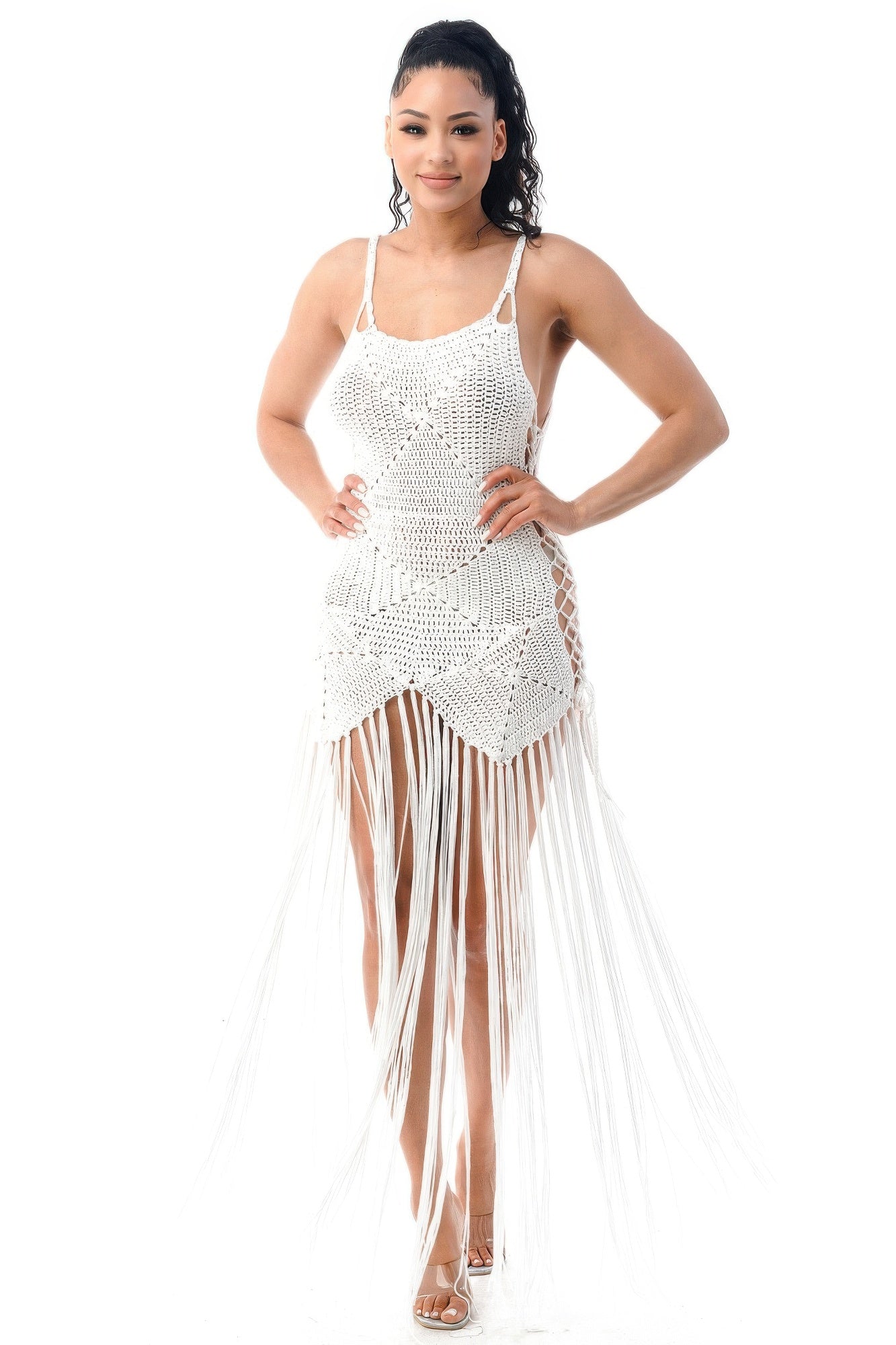 White Crochet Dress with Fringe and Adjustable Side Tie Secondary image