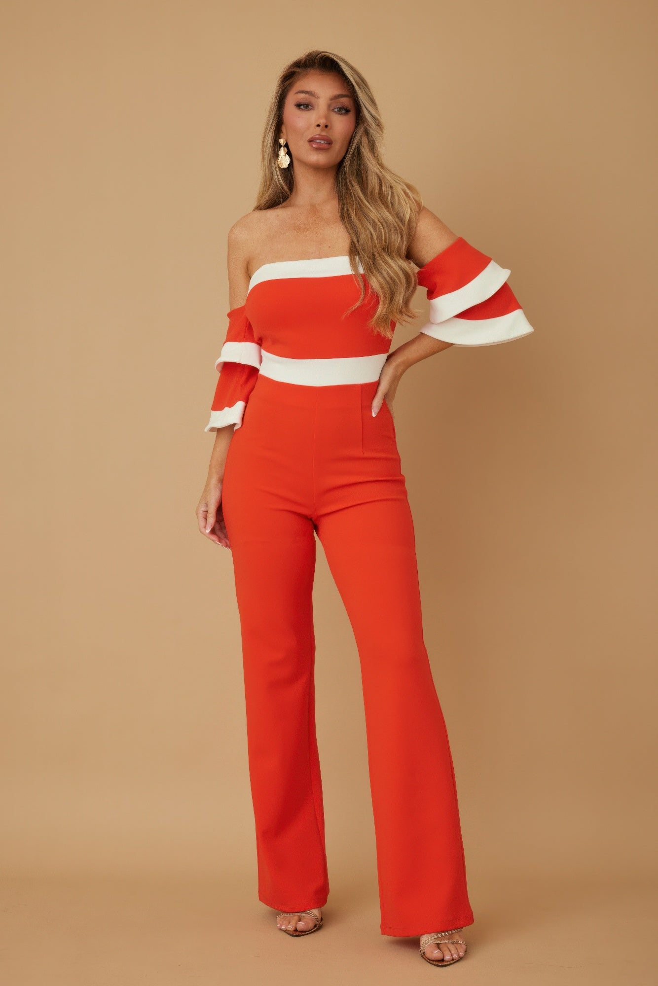 Orange and White Off-Shoulder Wide-Leg Jumpsuit Secondary image