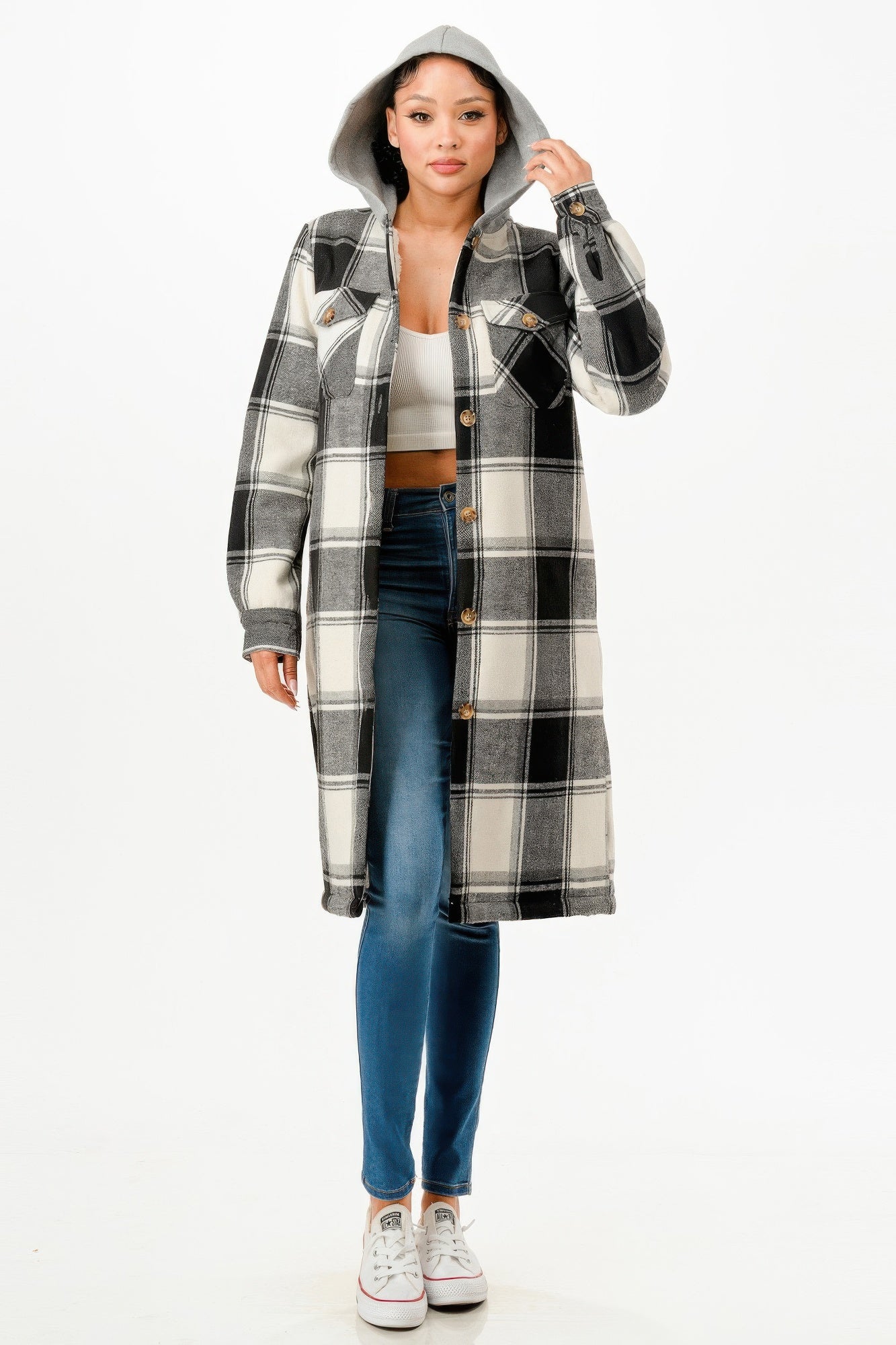 Long Black and Cream Plaid Hooded Button Coat Secondary image