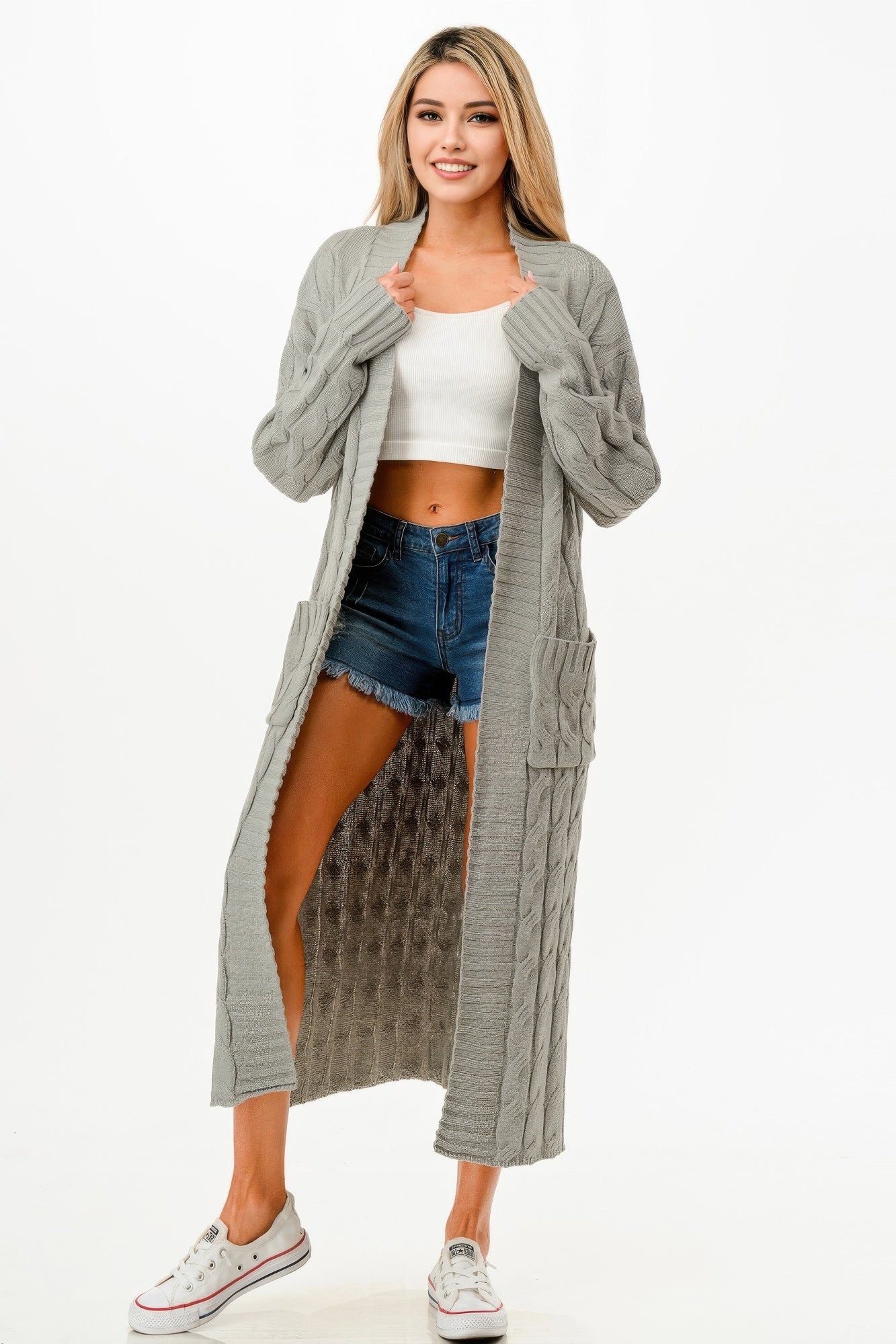 Natural Gray Cable-Knit Open-Front Long Cardigan Secondary image