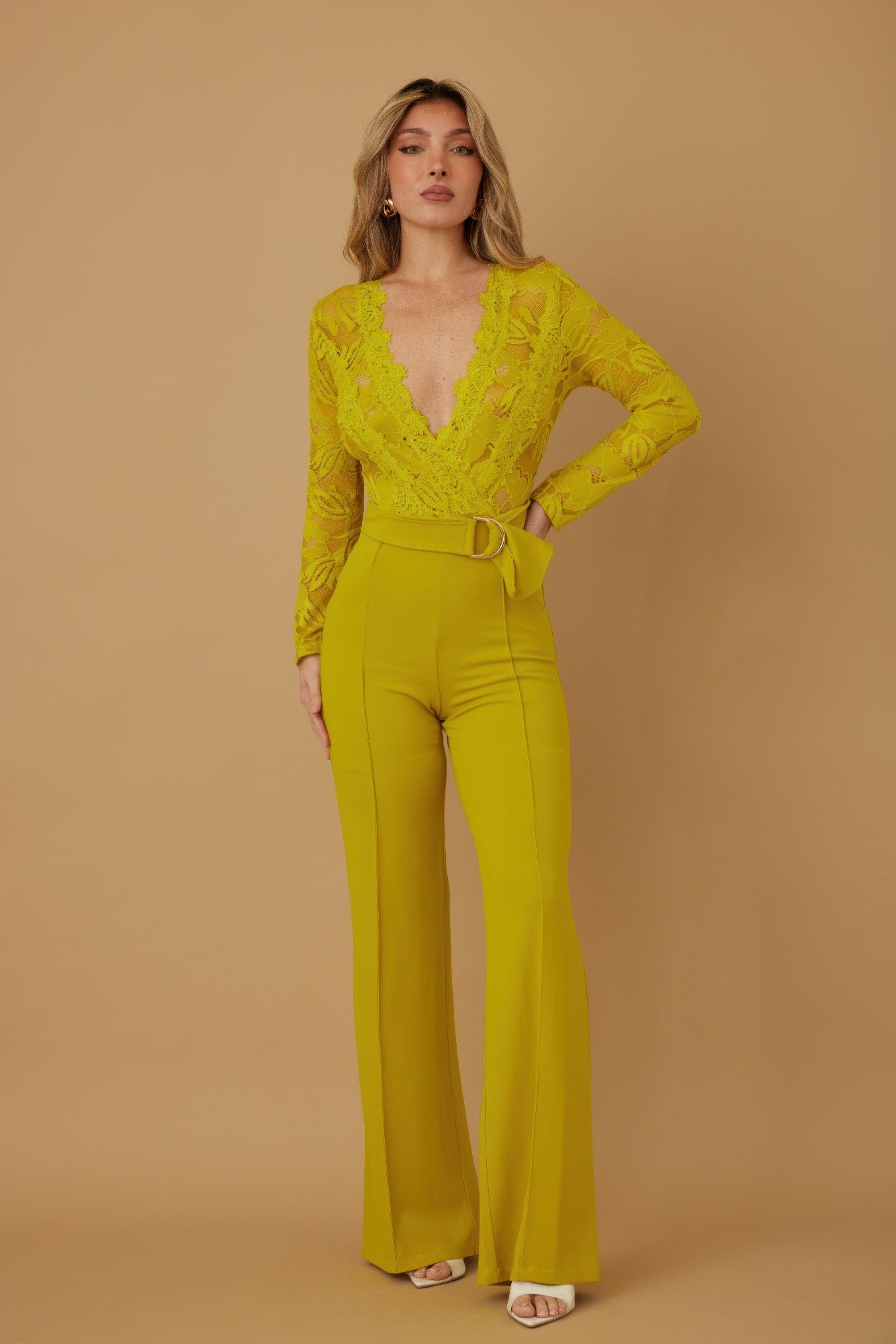Lime Lace Mesh Flare-Leg Jumpsuit Secondary image