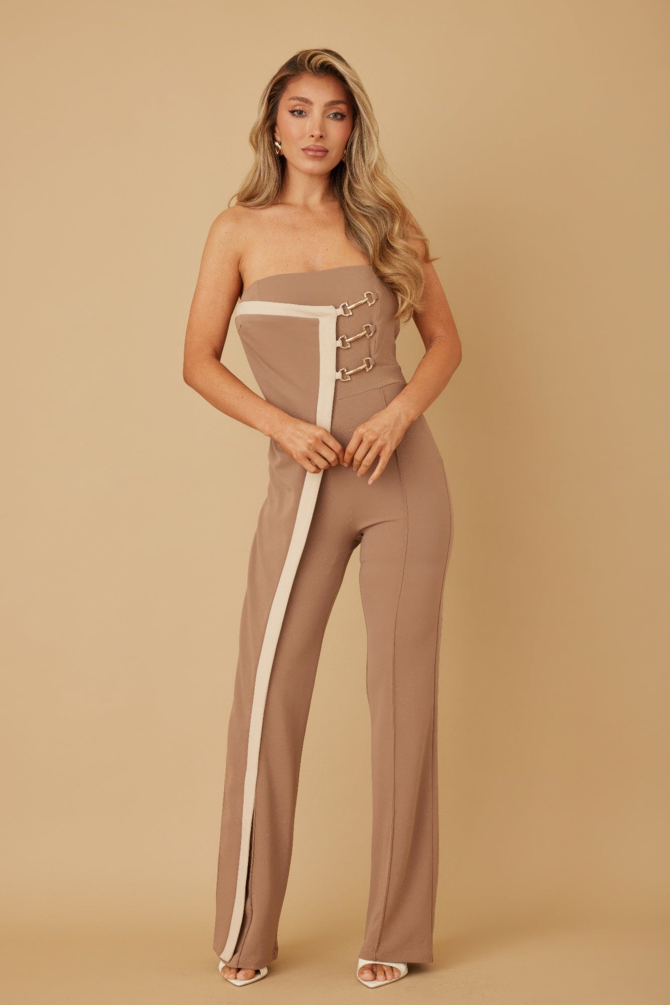 Strapless Mocha Flared Jumpsuit with Chain Details Secondary image