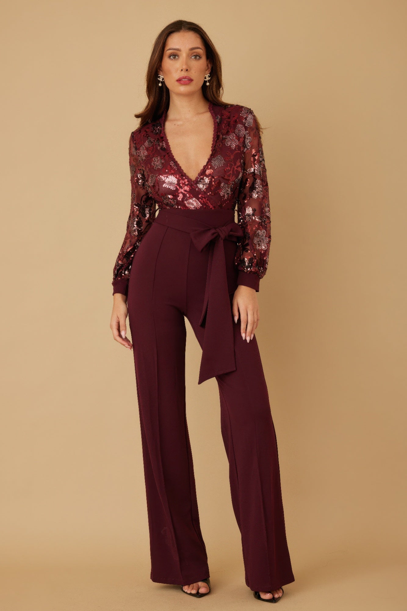 Wine Floral Sequin Wide-Leg Jumpsuit Secondary image