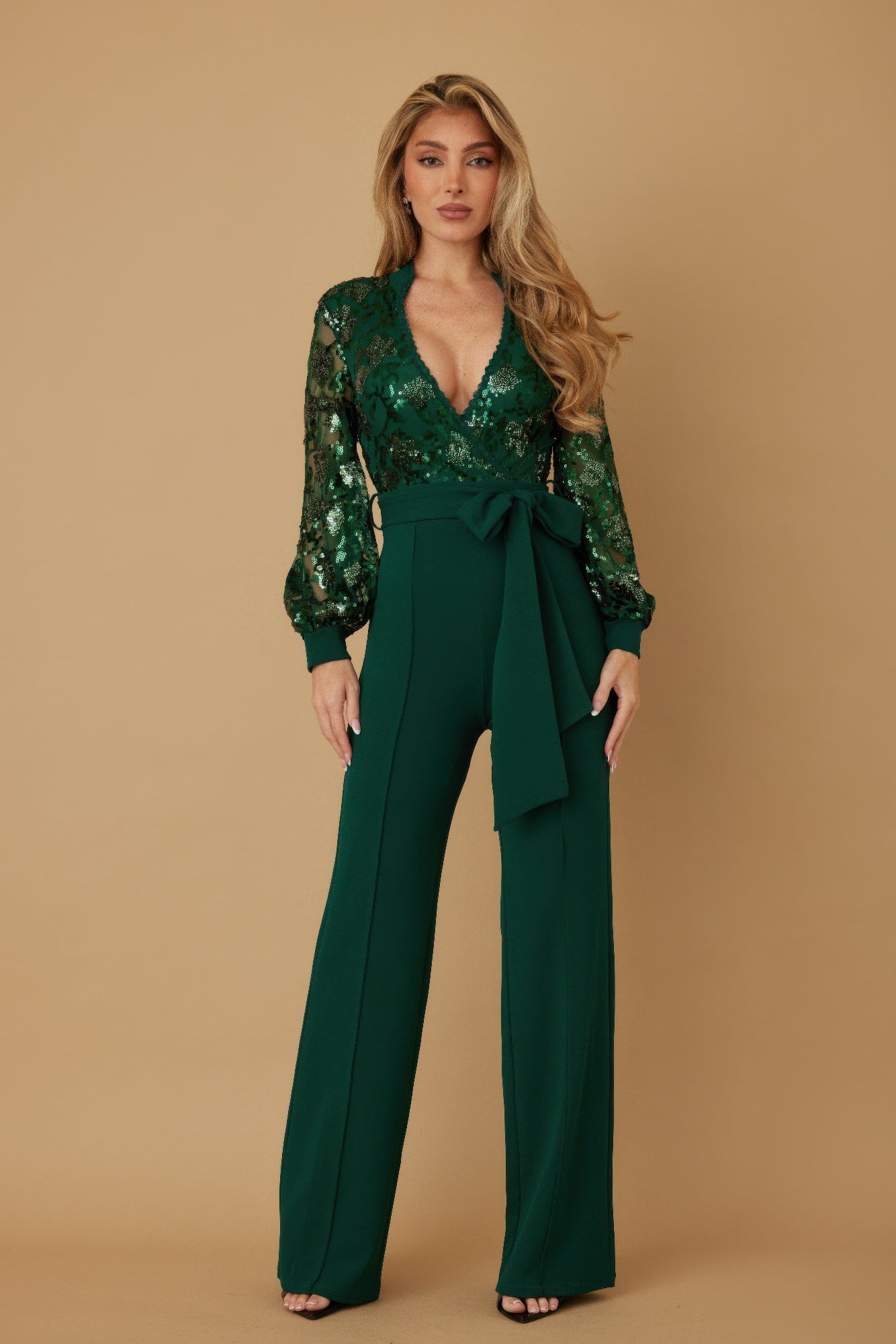 Hunter Green Sequin Sleeve Belted Jumpsuit Secondary image