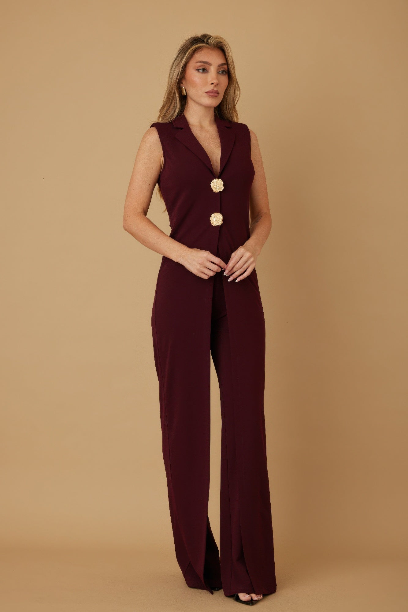 Wine Sleeveless Tailored Jumpsuit With Gold Buttons Secondary image