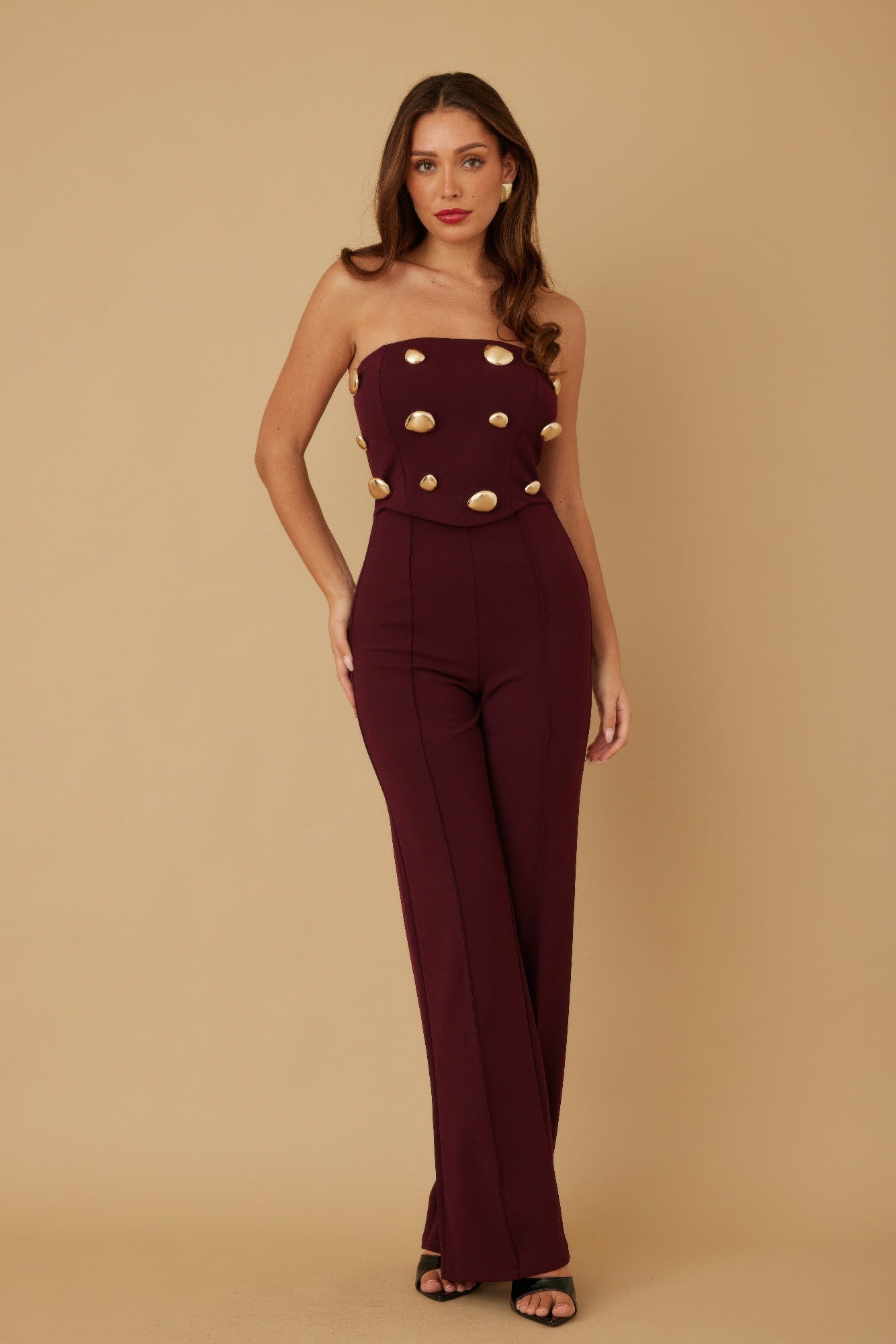 Wine Strapless Gold Embellished Jumpsuit Secondary image