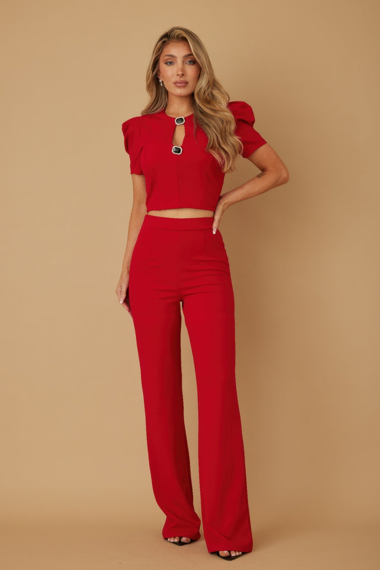 Red Jewel Detail Puff Sleeve Two-Piece Pants Set Secondary image