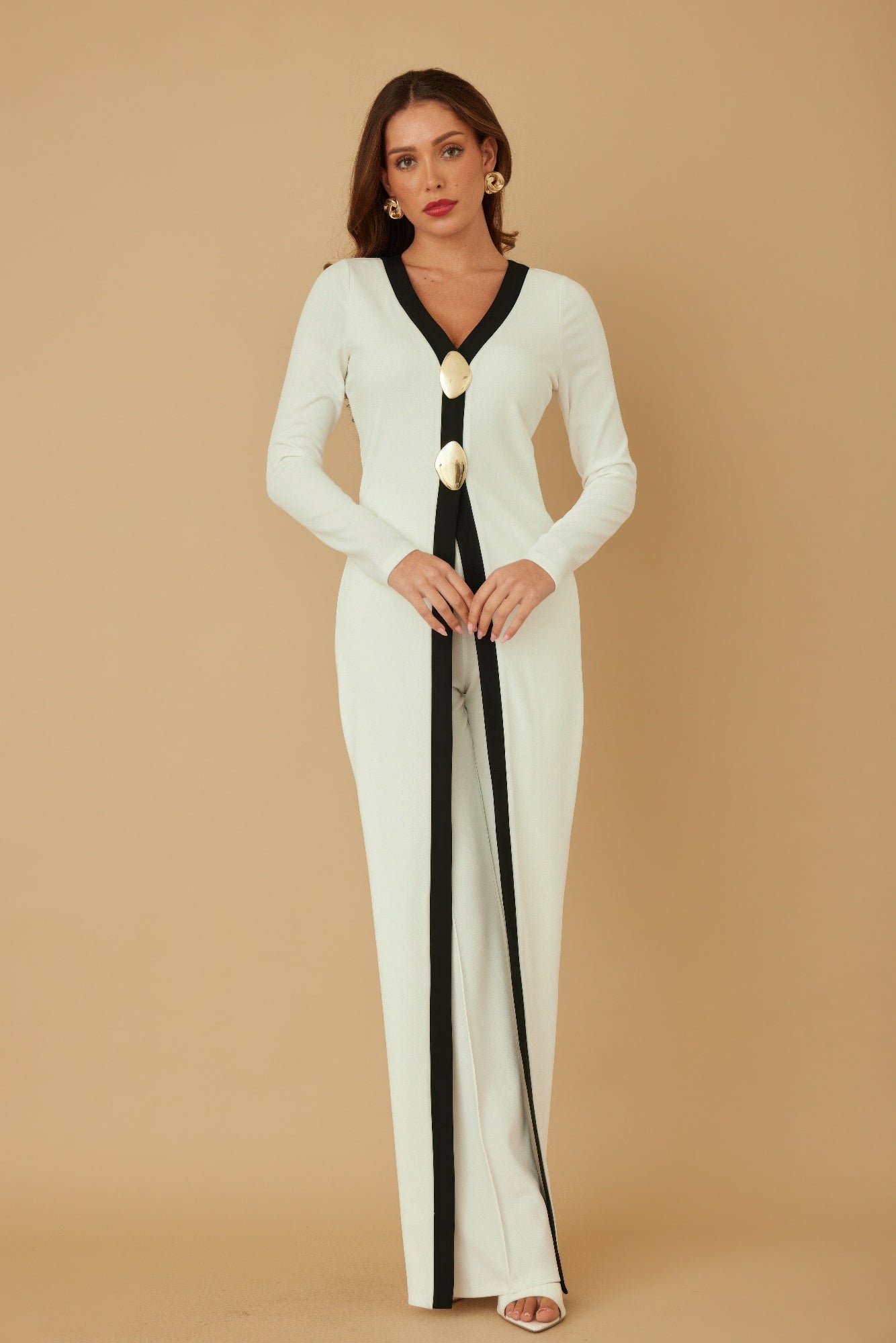 Two-Tone Long-Sleeve Jumpsuit with Oval Accents Secondary image