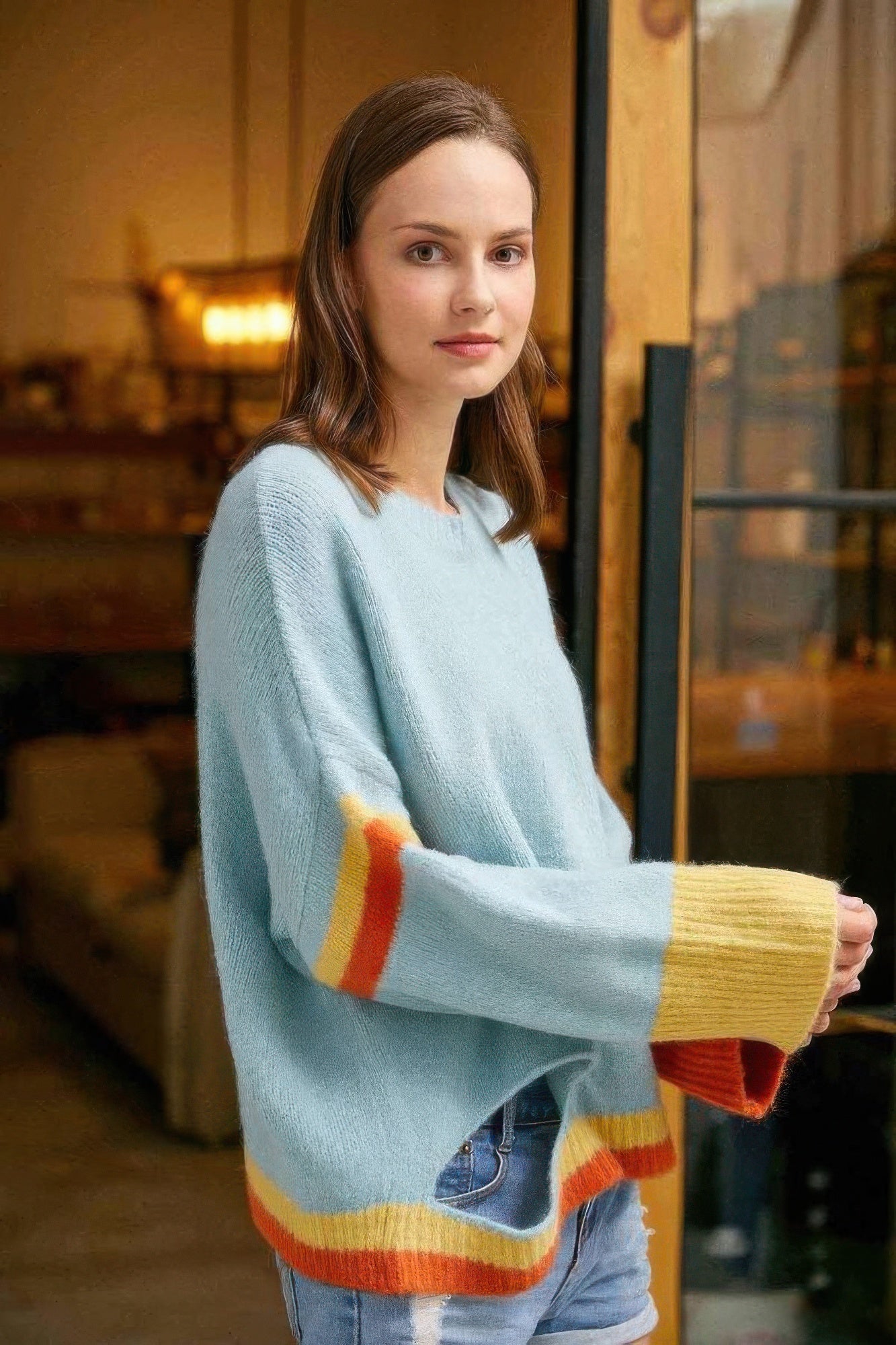 Sky Blue Striped Knit Sweater With Wide Sleeves Secondary image