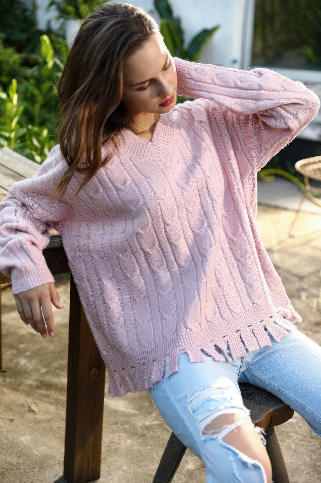 Pink Textured V-Neck Knit Sweater Secondary image