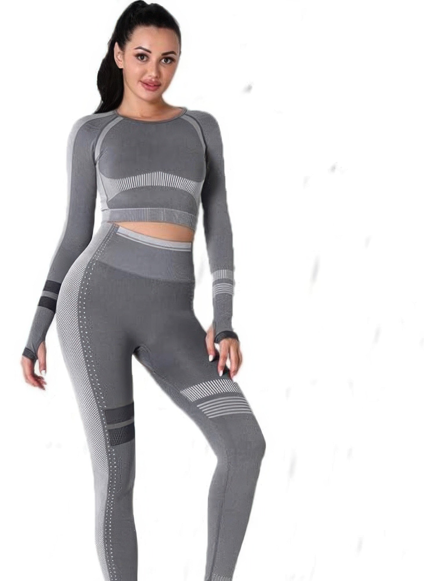 Dark Gray Long Sleeve Crop Top and Leggings Set Secondary image