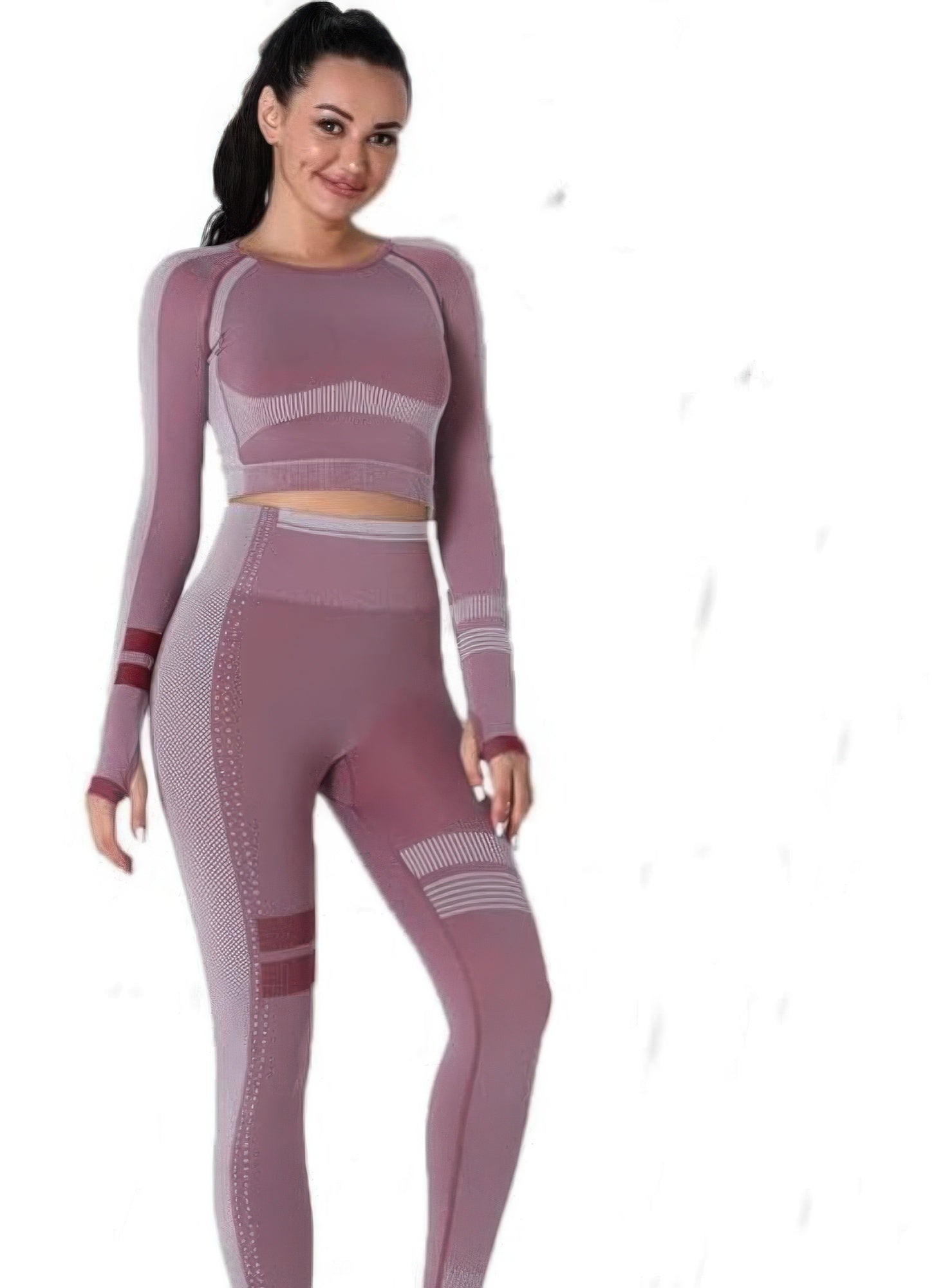 Berry Long-Sleeve Crop Top and High-Waisted Legging Set Secondary image