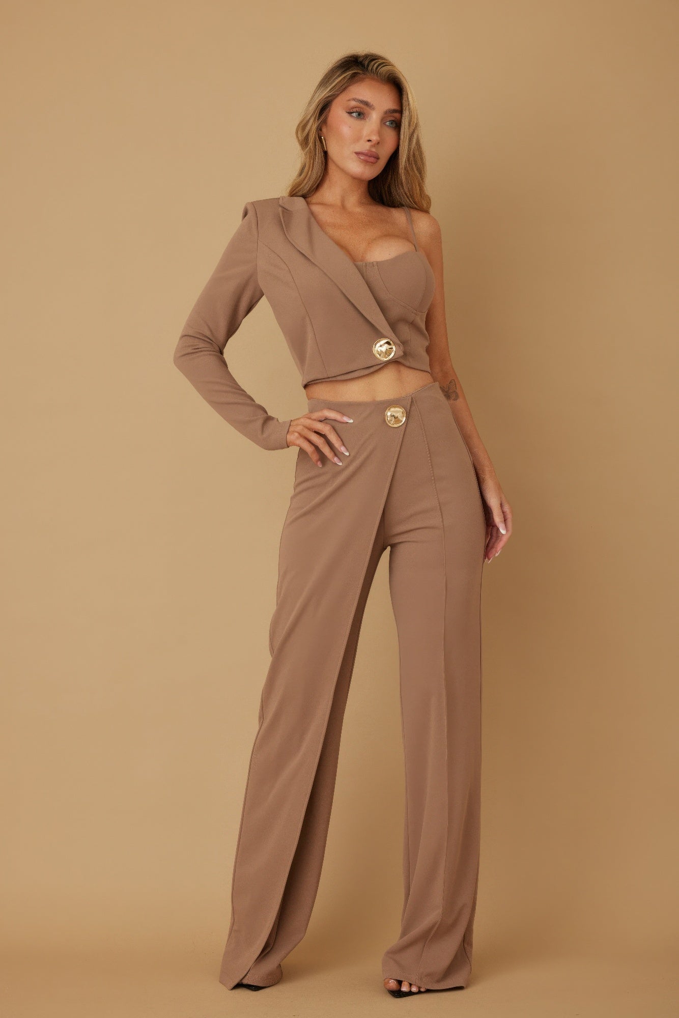 Mocha Asymmetric Two-Piece Pants Set Secondary image