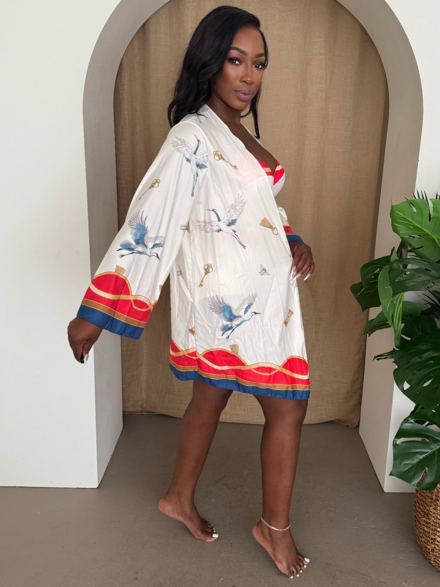 White Crane and Key Print Kimono Cover-Up Secondary image