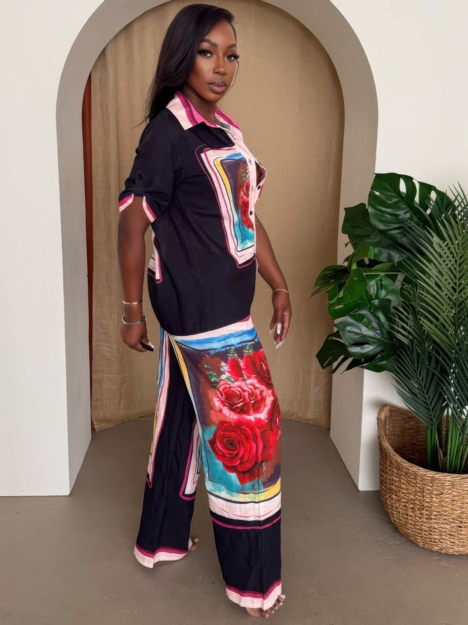 Rose Print Button-Up Top and Wide-Leg Pants Set Secondary image