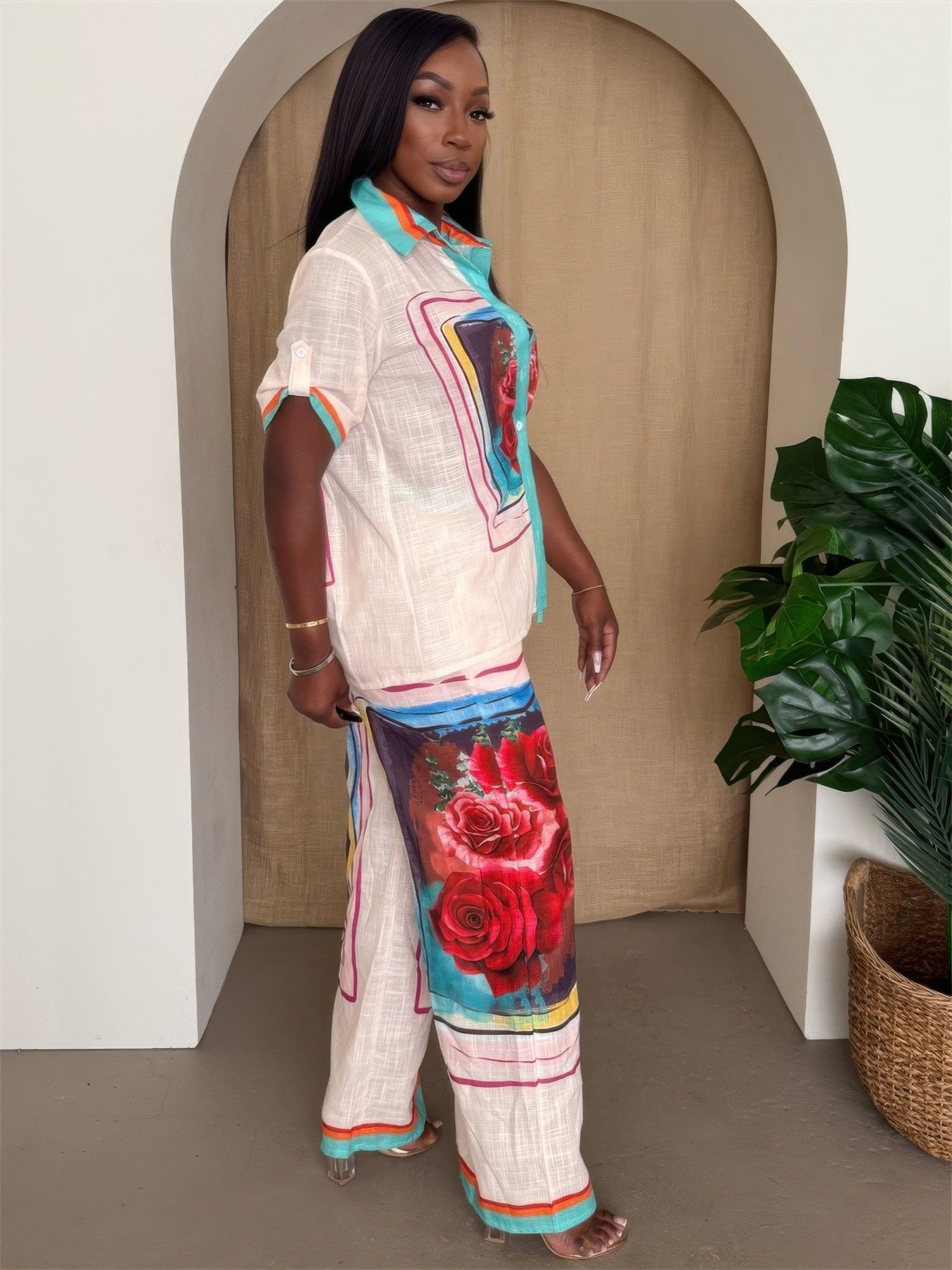 Rose Print Button-Up Top and Wide-Leg Pants Set Secondary image