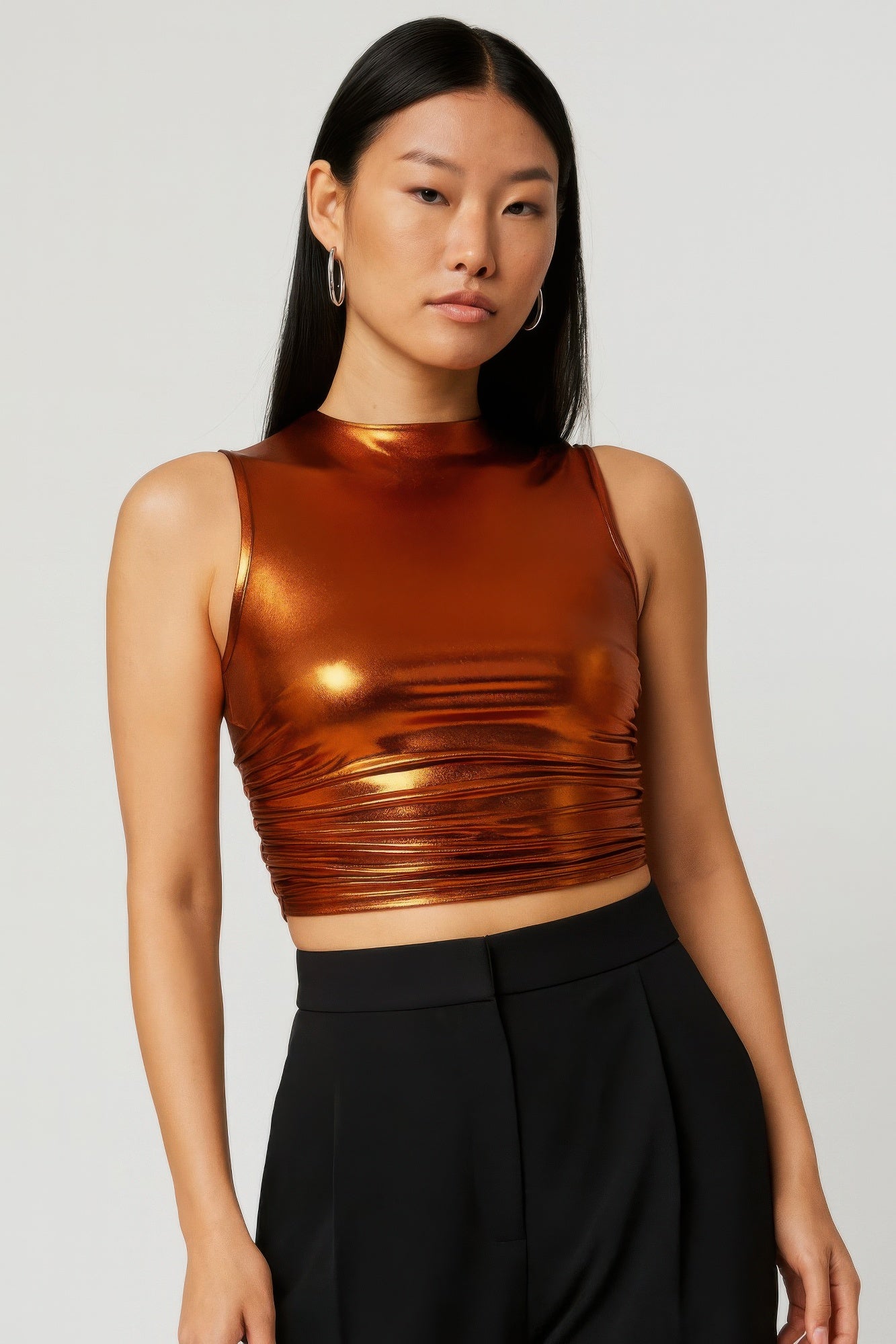 Copper Metallic Sleeveless Mock Neck Top Secondary image