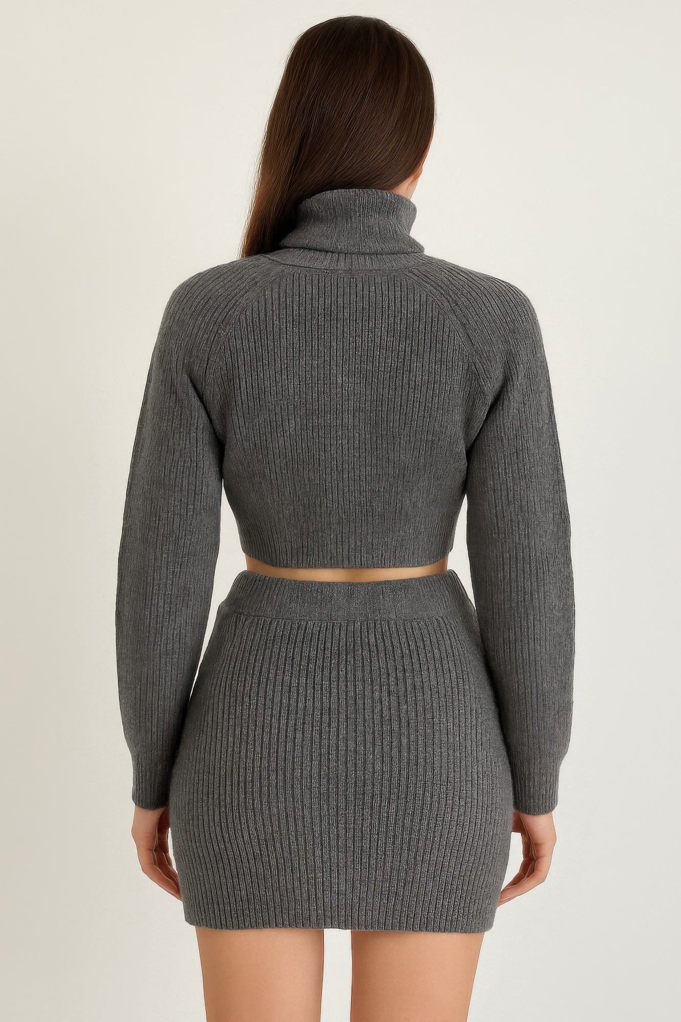 Gray Ribbed Knit Mock Neck Crop Top and Mini Skirt Set Secondary image