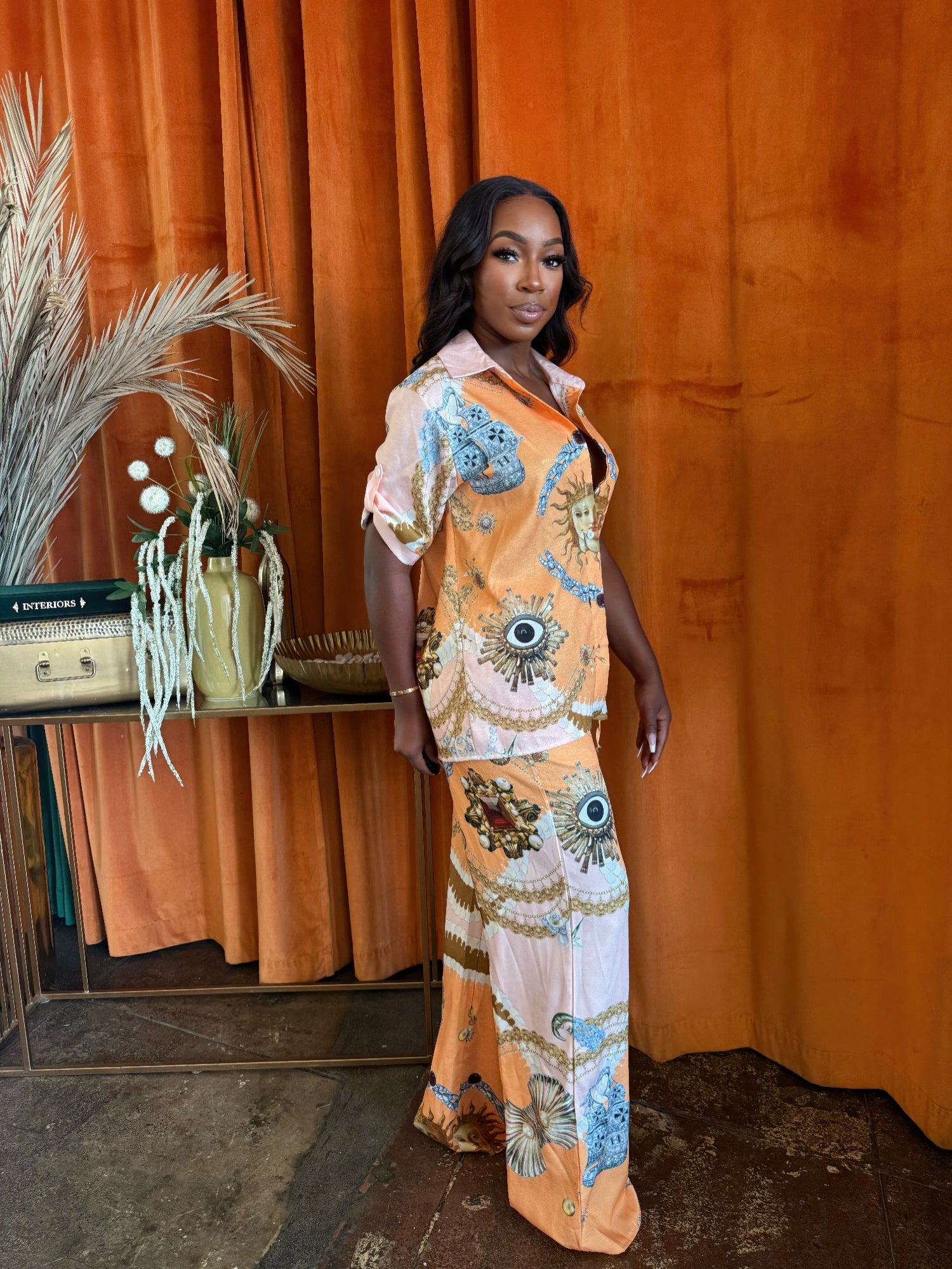 Orange Sun and Seashell Print Button-Down Pants Set Secondary image