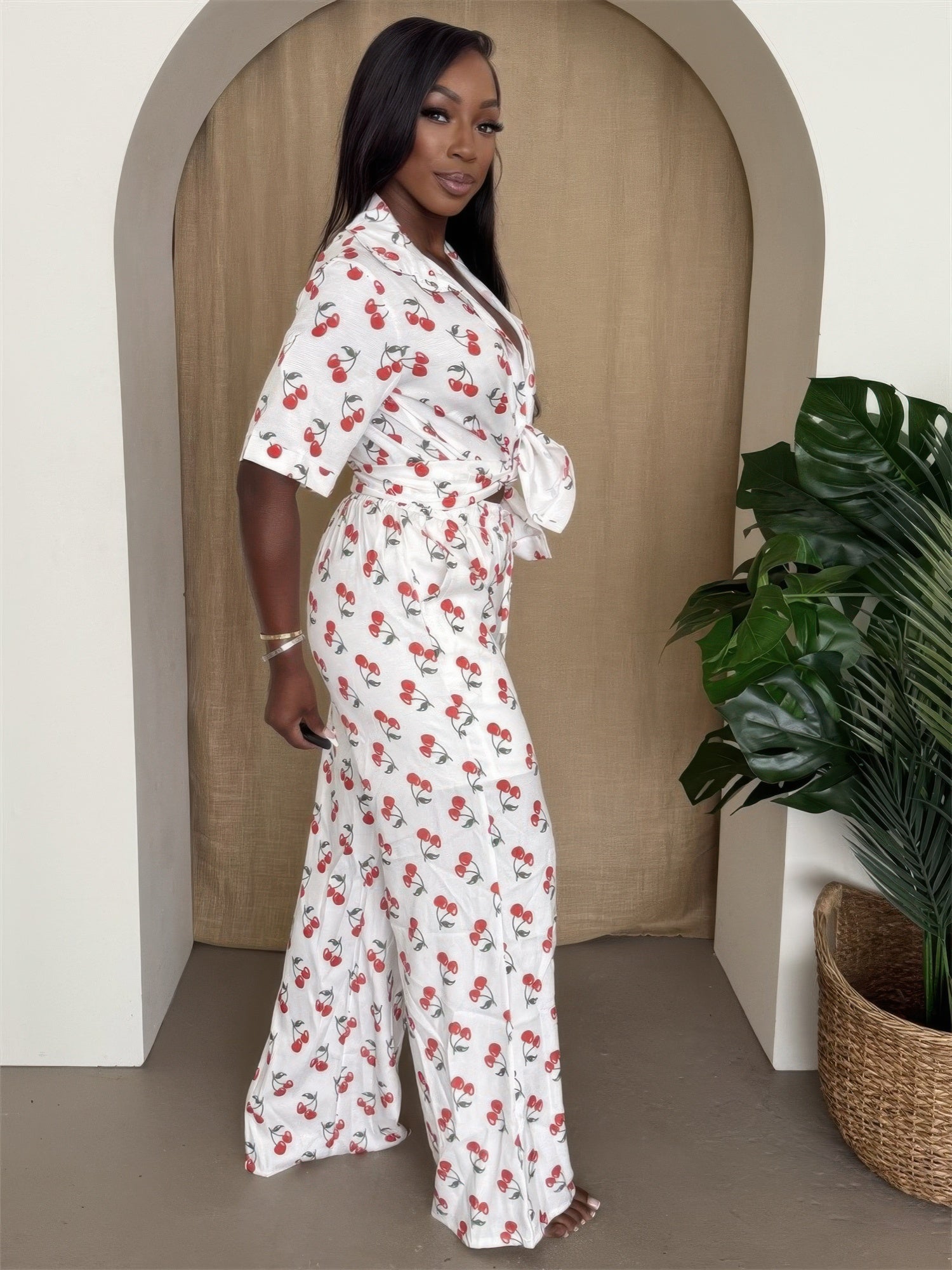 Cherry Print Tie-Front Top and Wide-Leg Pants Set Secondary image