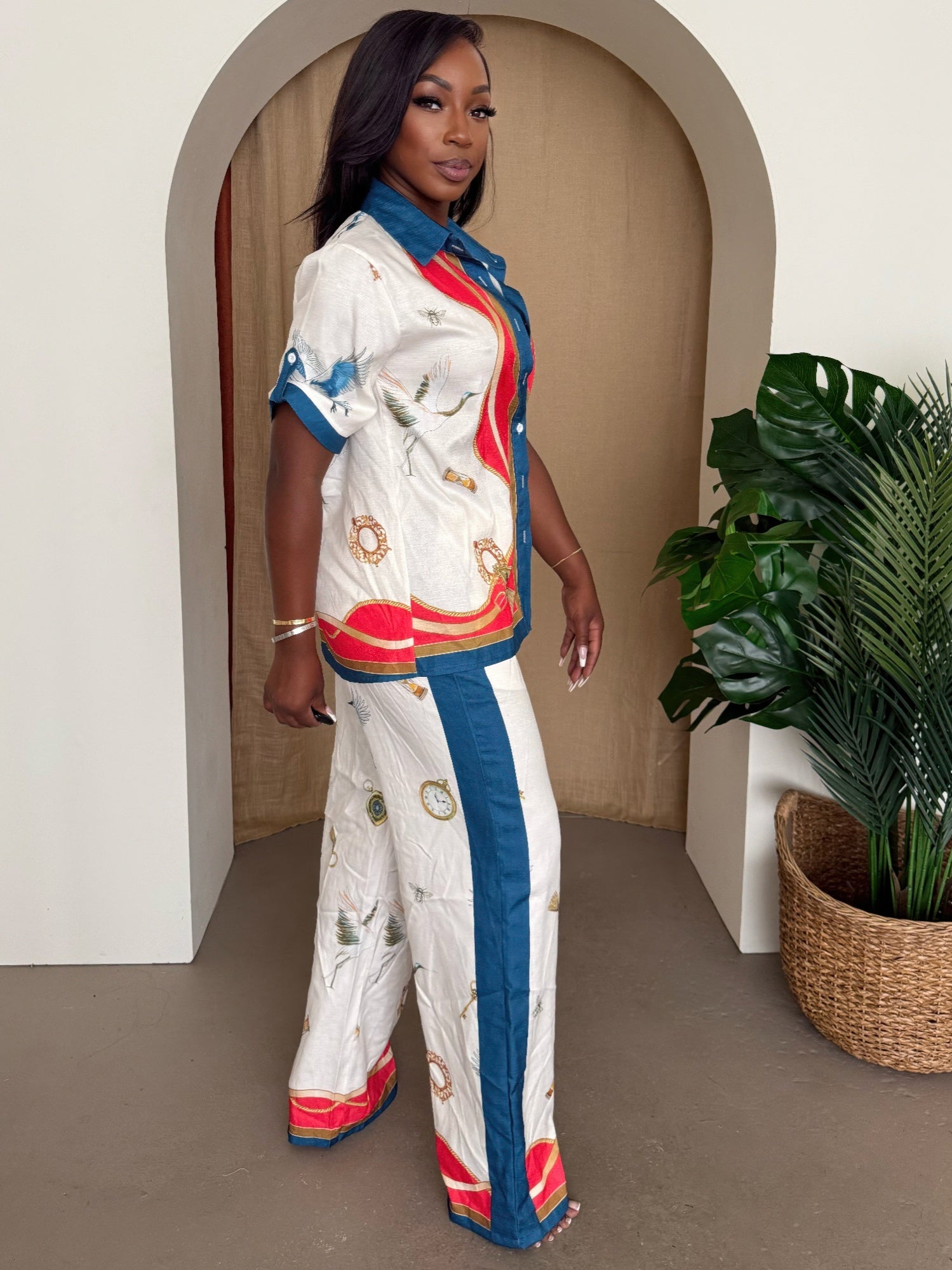Ivory Crane and Nautical Print Button-Up Pants Set Secondary image
