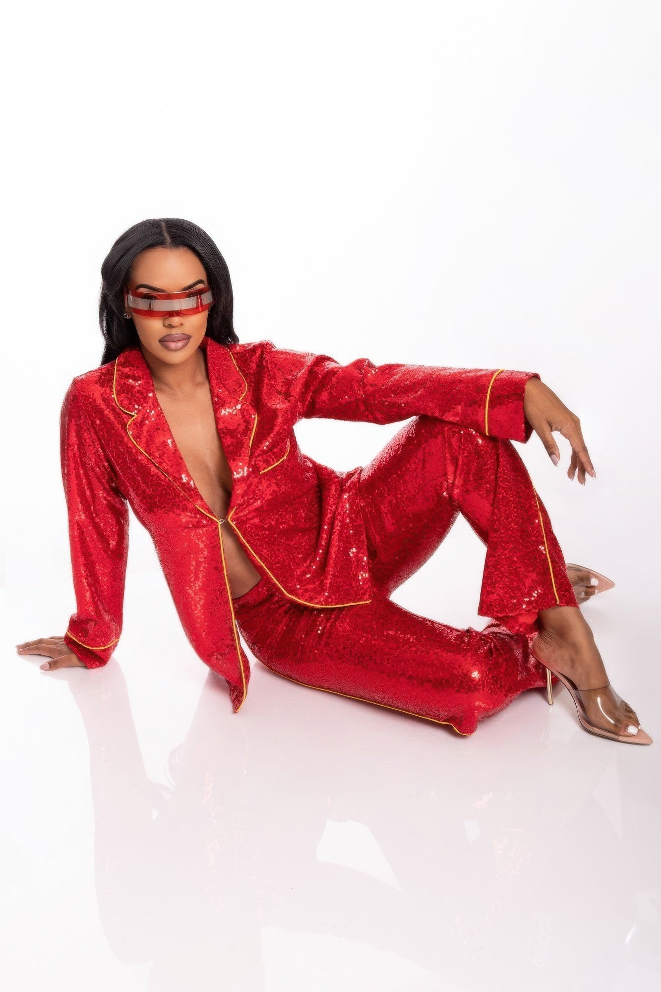 Red Sequin Collared Top and Pants Set Secondary image