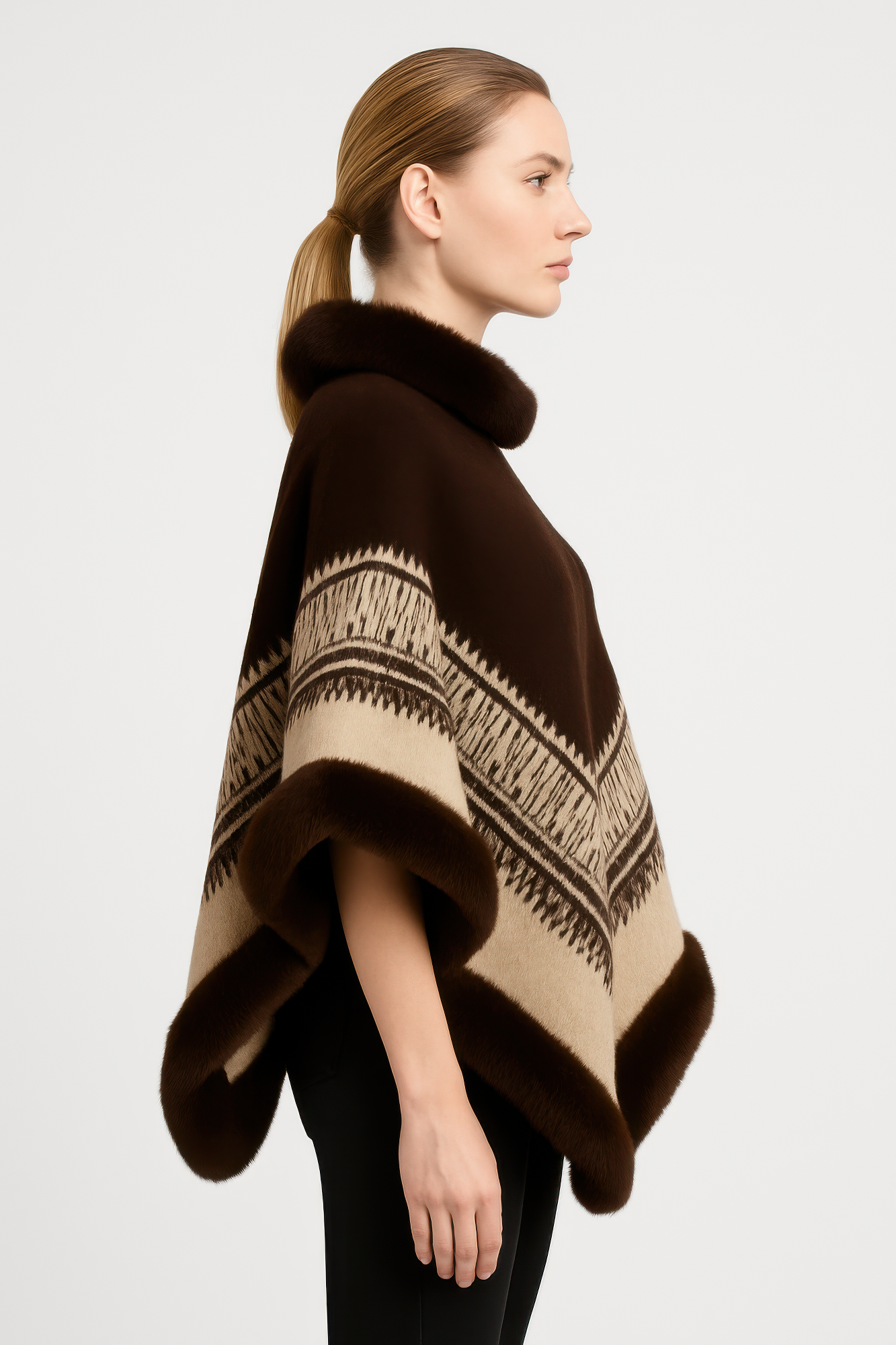 Brown and Camel Chevron Fur-Trimmed Poncho Secondary image