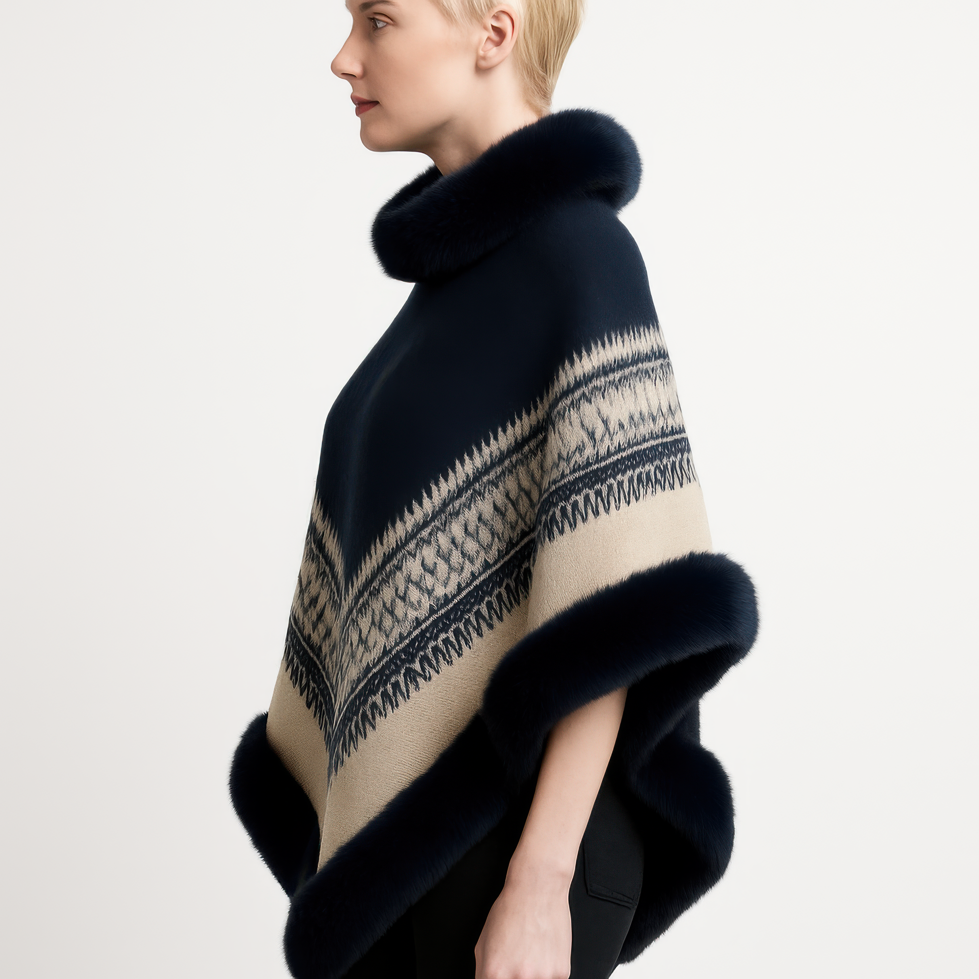 Chevron Pattern Knit Poncho with Faux Fur Trim Secondary image