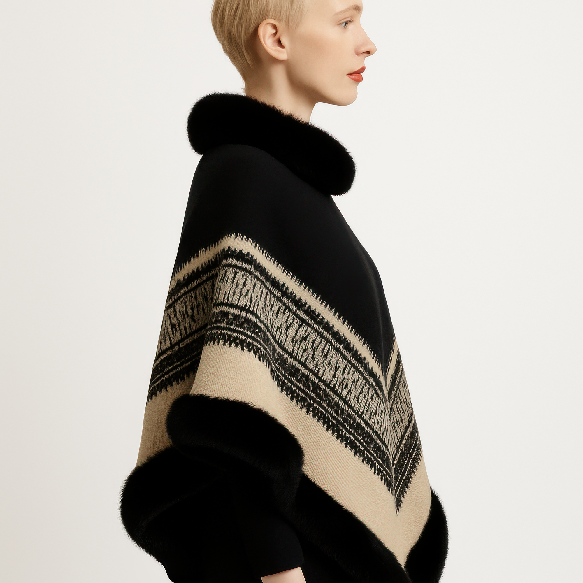 Black and Tan Chevron Knit Poncho with Faux Fur Trim Secondary image