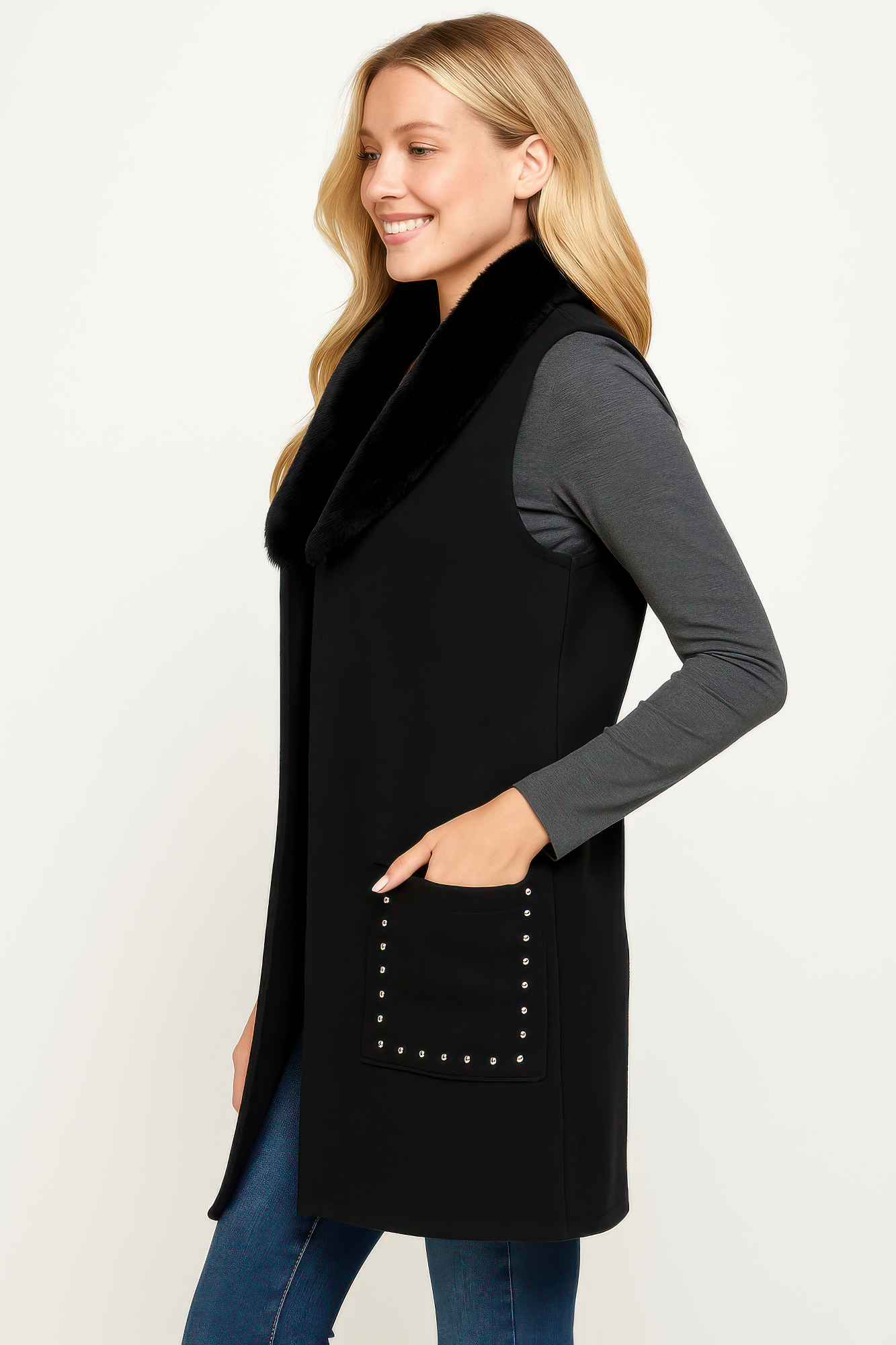Black Longline Vest With Faux Fur Collar Secondary image