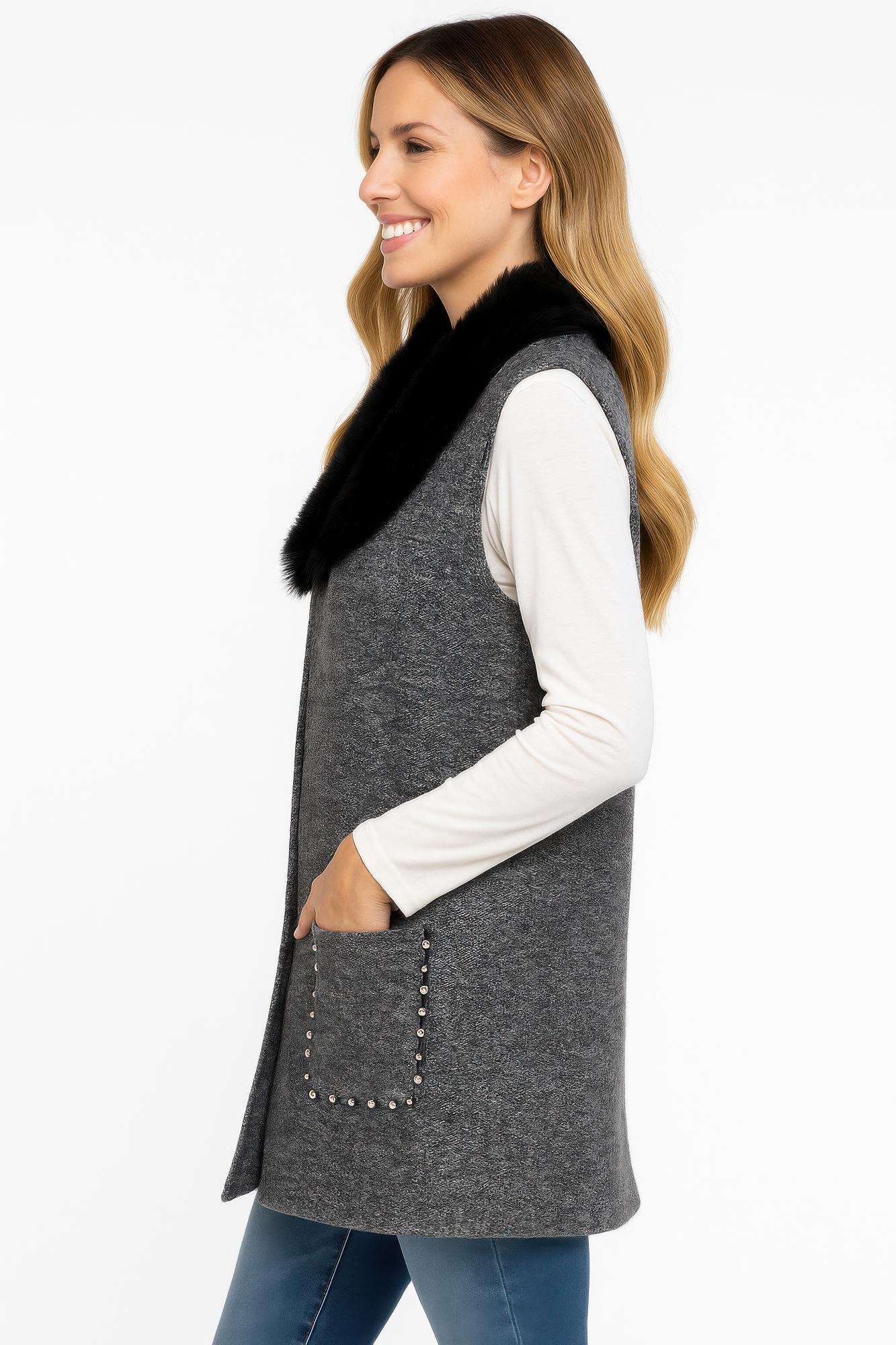 Heather Gray Longline Vest With Black Faux Fur Collar Secondary image