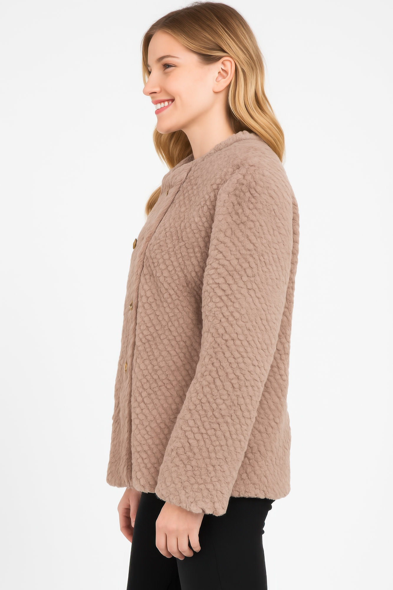 Textured Taupe Faux Shearling Double-Breasted Jacket Secondary image