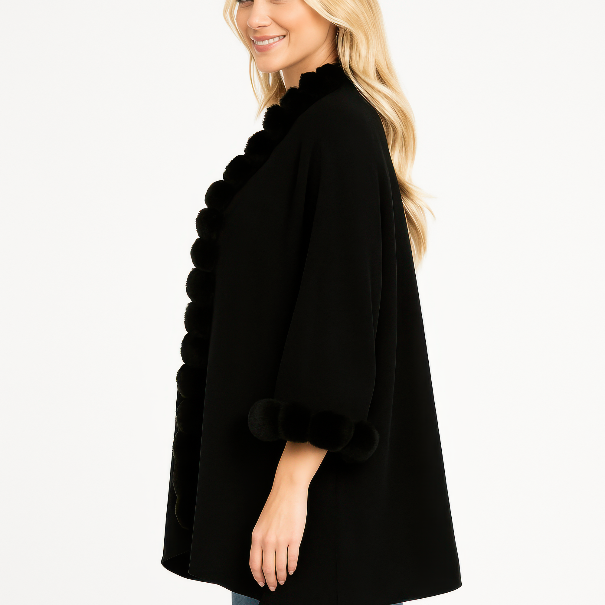Black Open-Front Cape With Faux Fur Pom Trim Secondary image