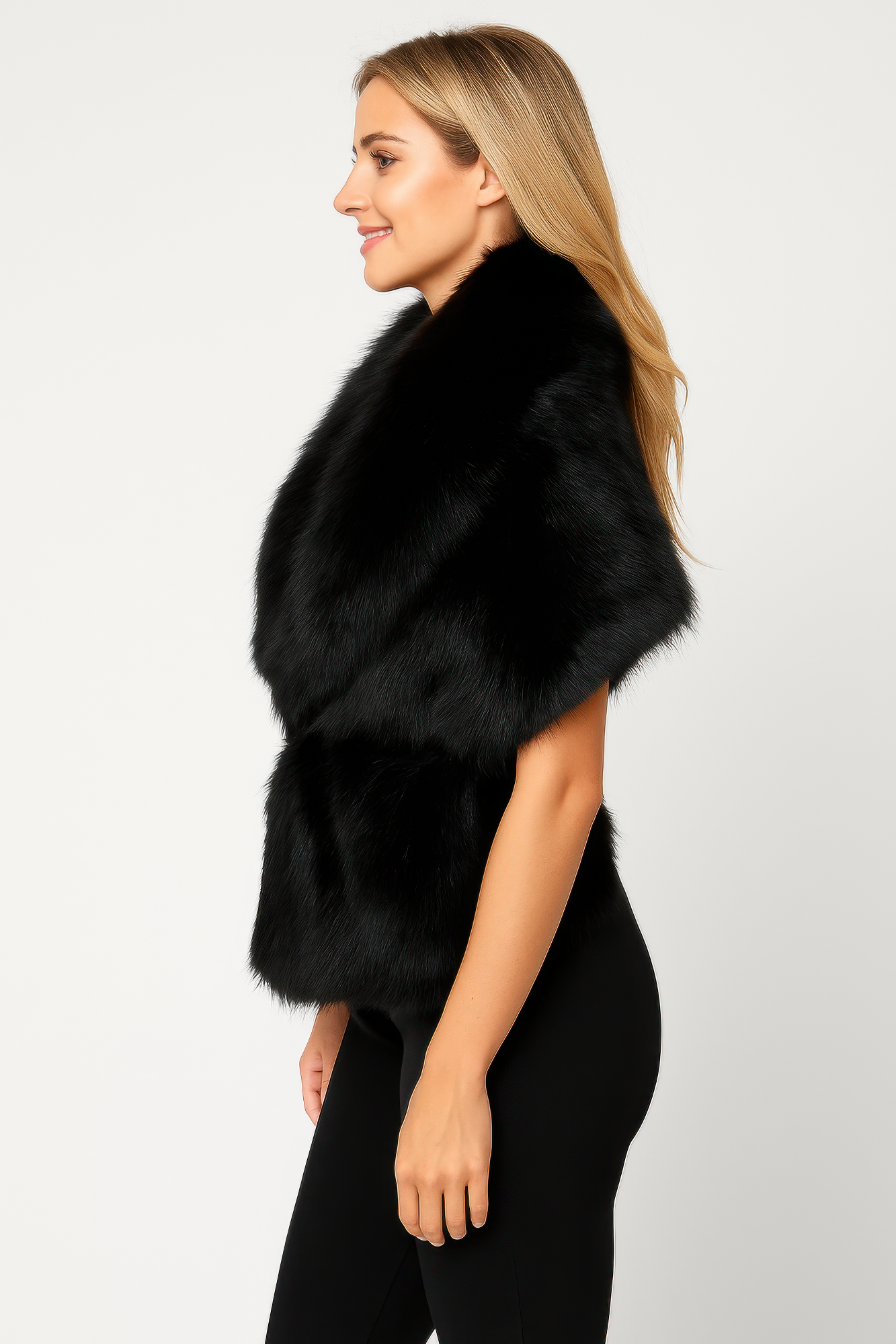 Black Faux Fur Waist-Cinched Vest With Wide Collar Secondary image