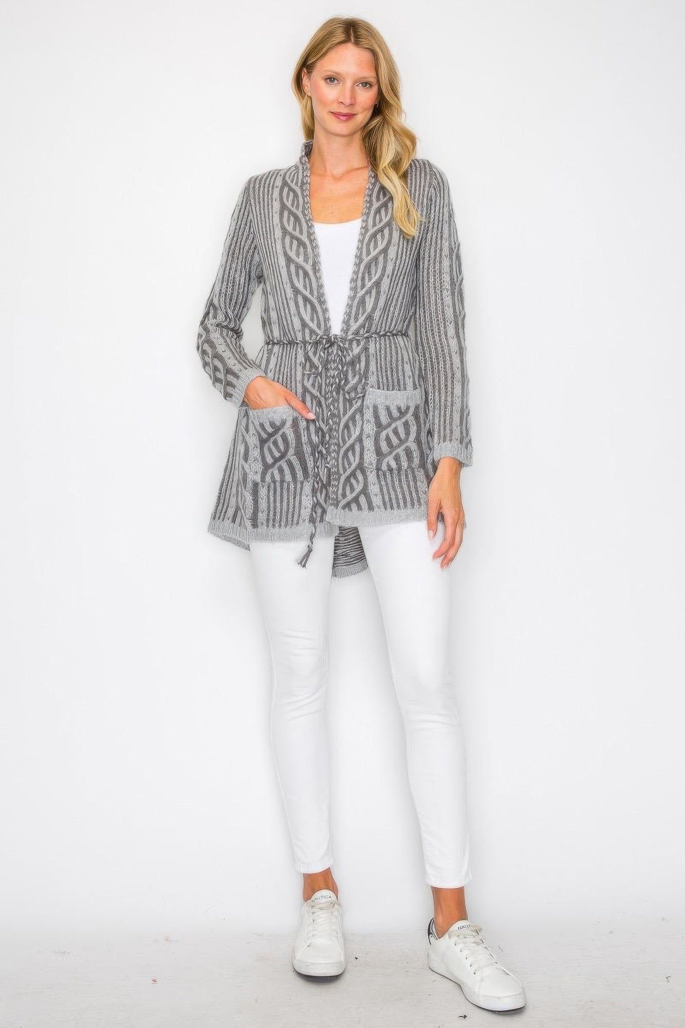 Gray Patterned Wool-Blend Tie-Front Cardigan Secondary image