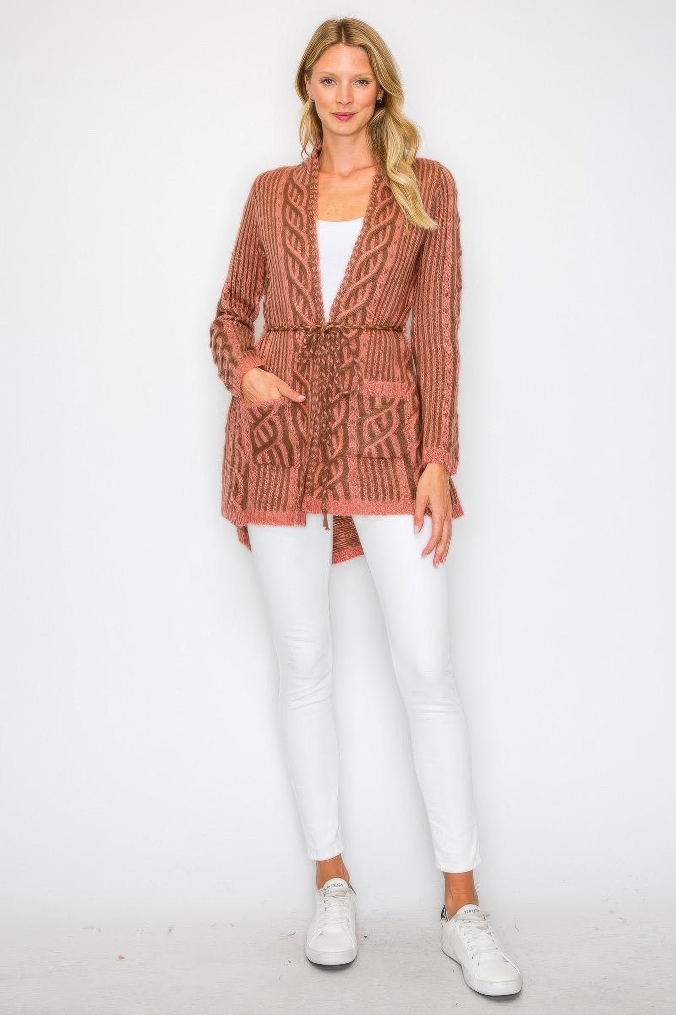 Pink Open-Front Cable Knit Cardigan with Tie Belt Secondary image