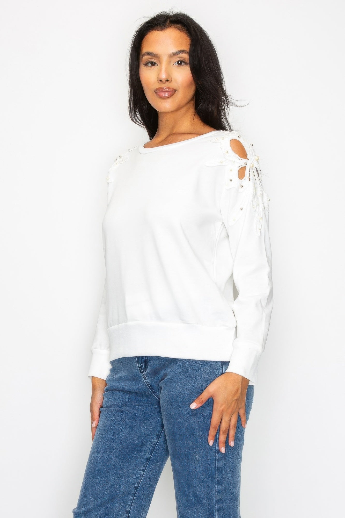White Pearl Flower Cutout Shoulder Sweatshirt Secondary image