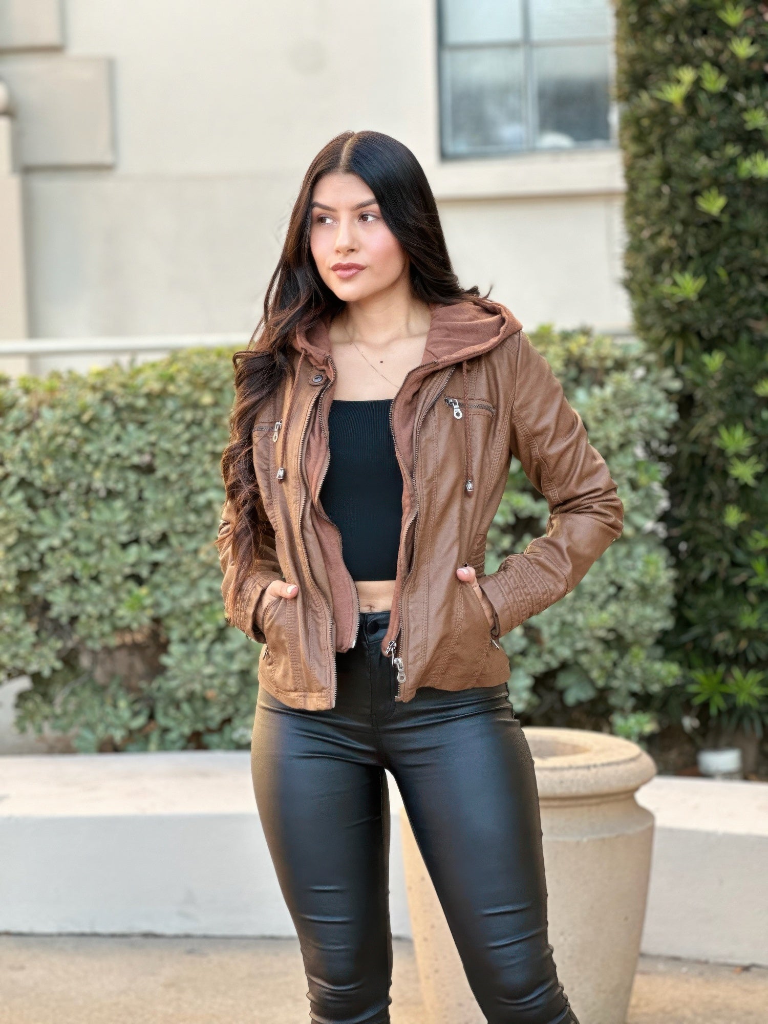 Brown Faux Leather Zip Jacket with Utility Pockets Secondary image