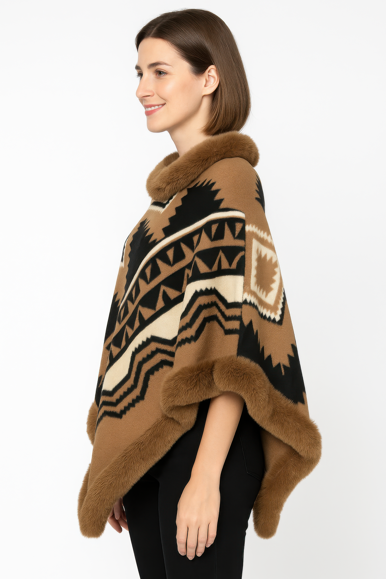 Camel Tribal Pattern Poncho with Faux Fur Trim Secondary image