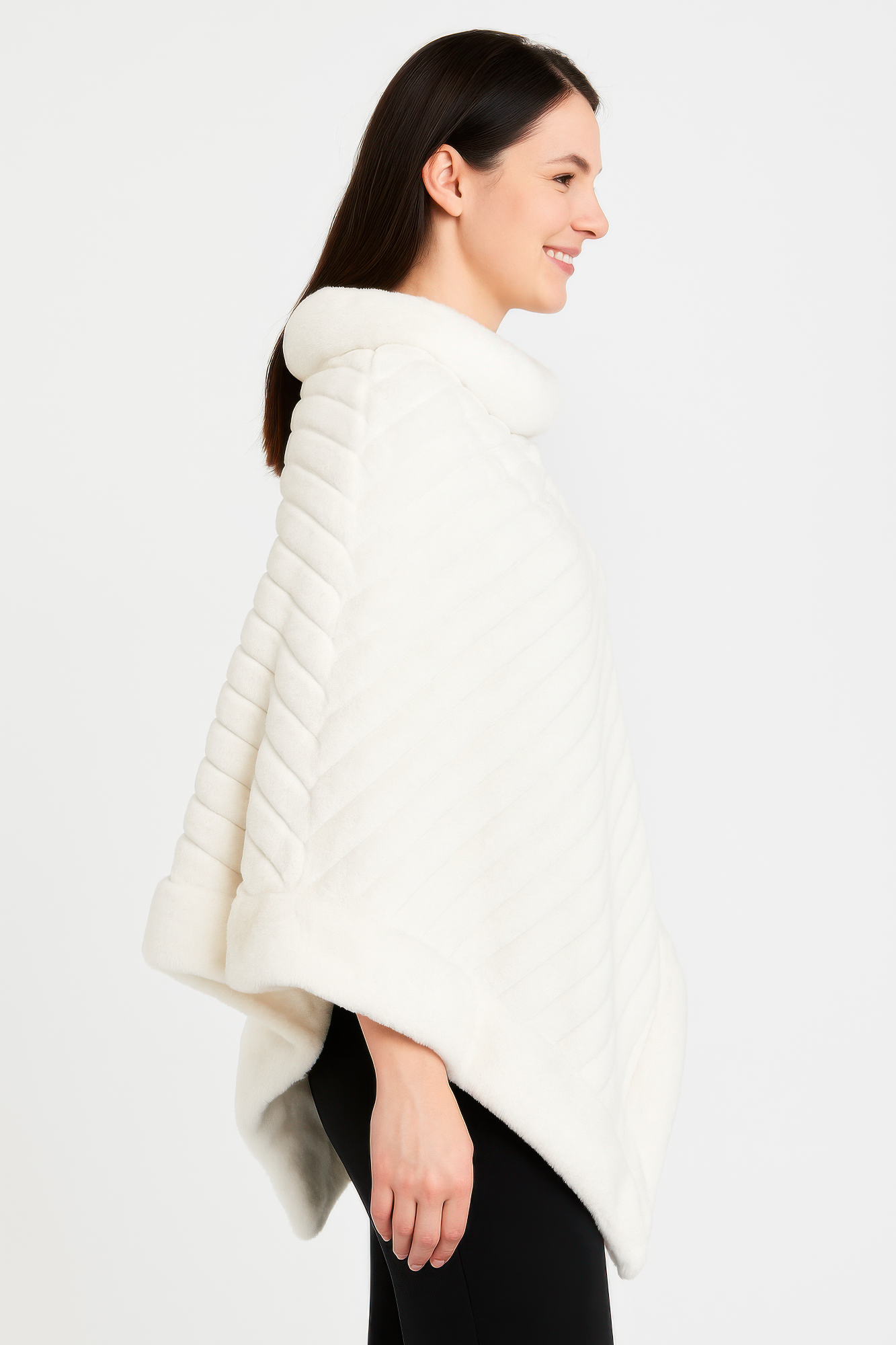 Winter White Faux Fur Trim Ribbed Poncho Secondary image