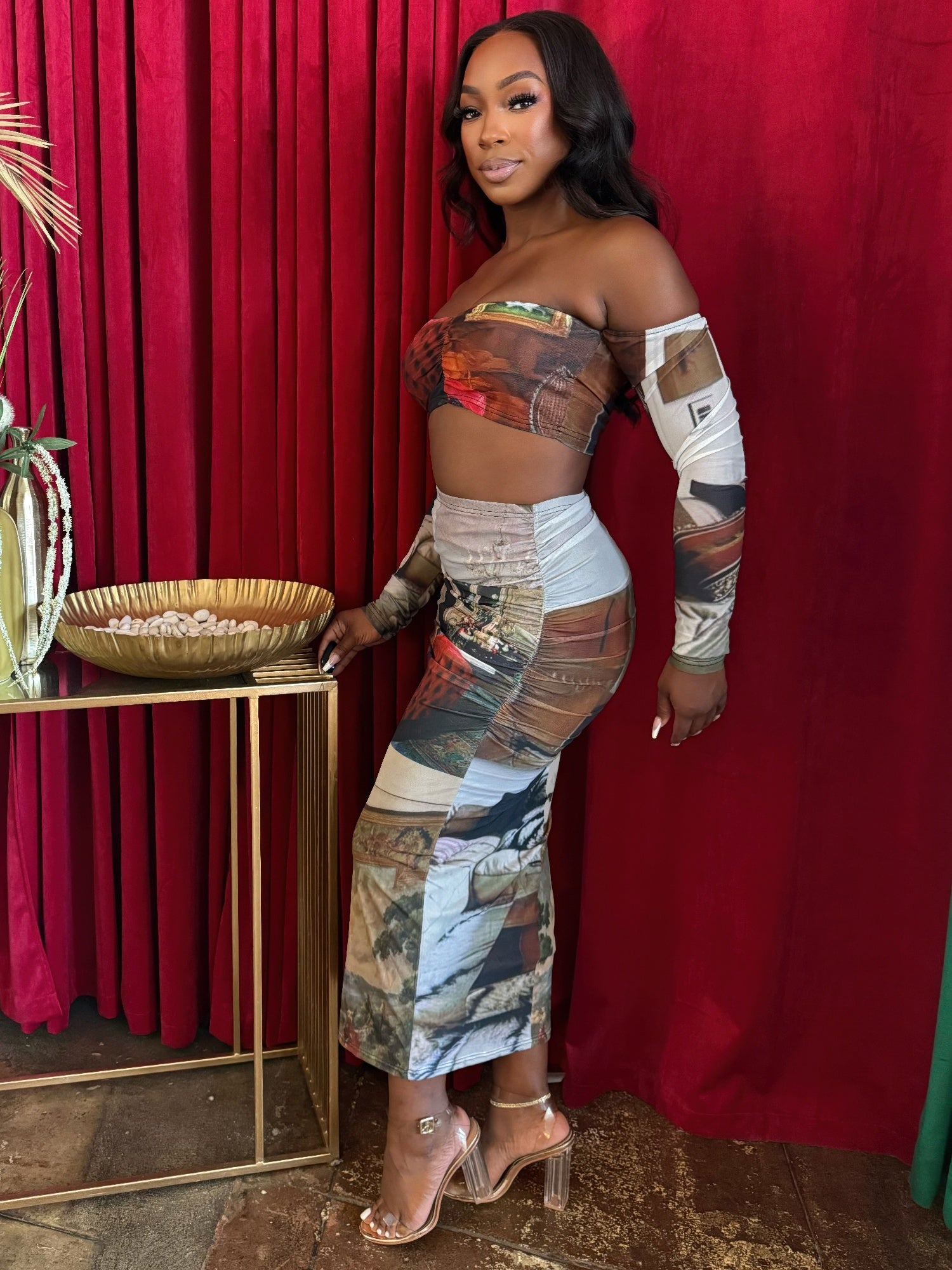 Art-Inspired Ruched Bandeau Top and Maxi Skirt Set Secondary image